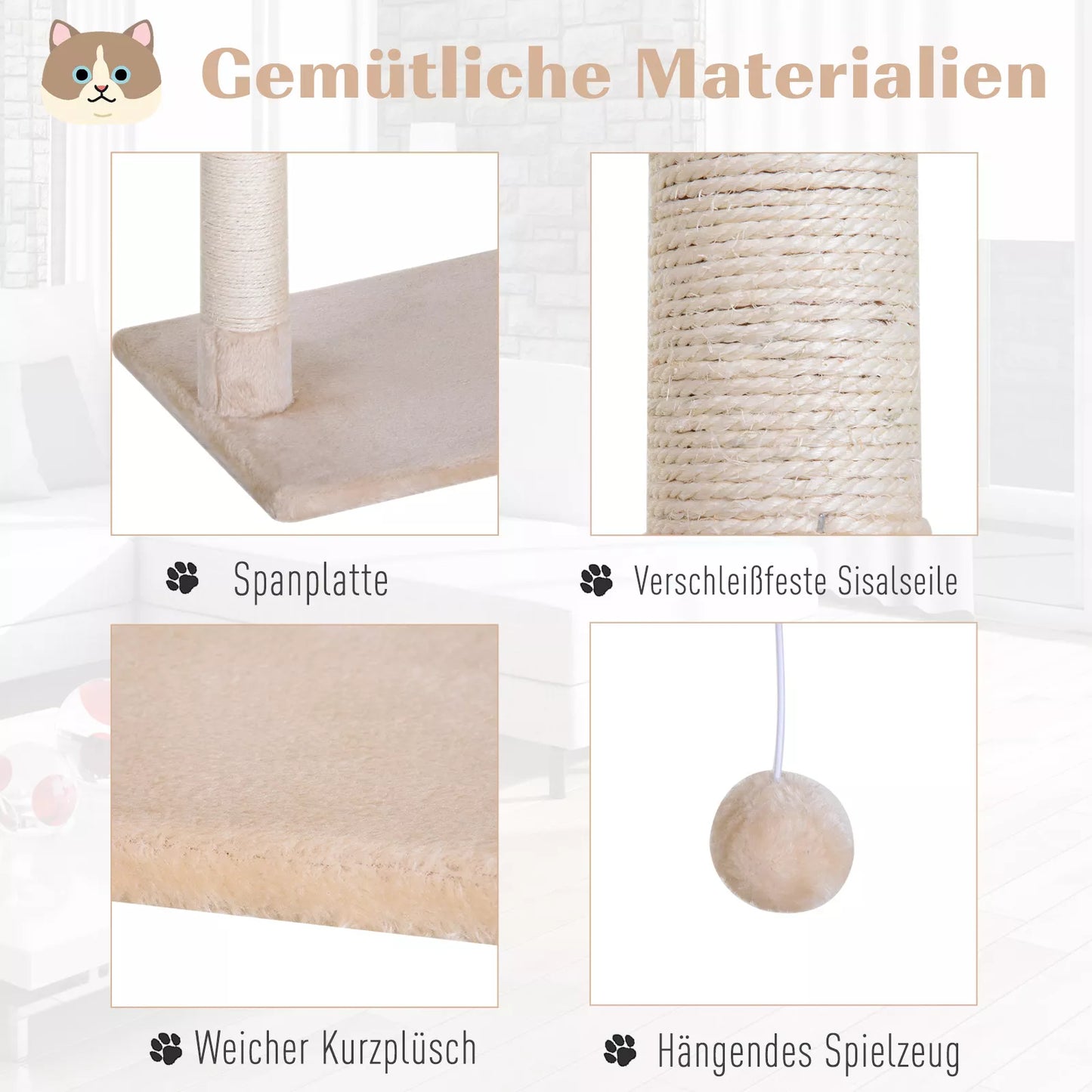 Kaķu māja/skrāpēšanas māja ar sizala stabu, plīša šūpuļtīkls, skaidu plāksne, bēša, 50 x 36 x 70 cm