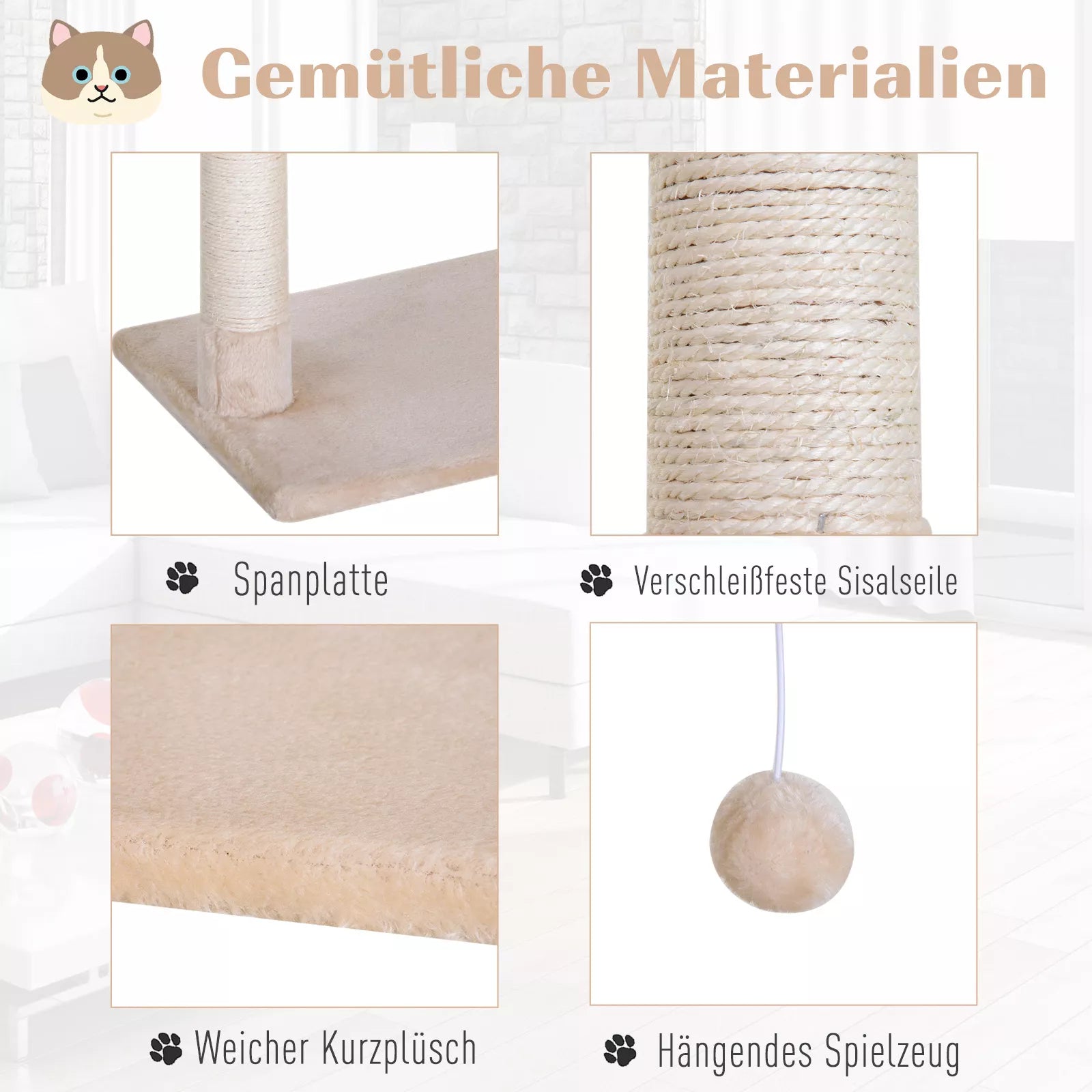 Kaķu māja/skrāpēšanas māja ar sizala stabu, plīša šūpuļtīkls, skaidu plāksne, bēša, 50 x 36 x 70 cm