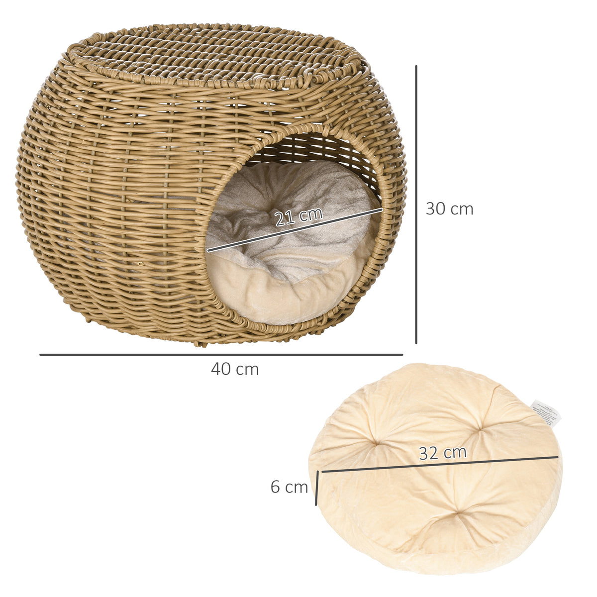 Pintas namelis katėms su 2 aukštais ir pagalvėle, Ø40x30 cm, katėms iki 3,5 kg, šviesiai rudas