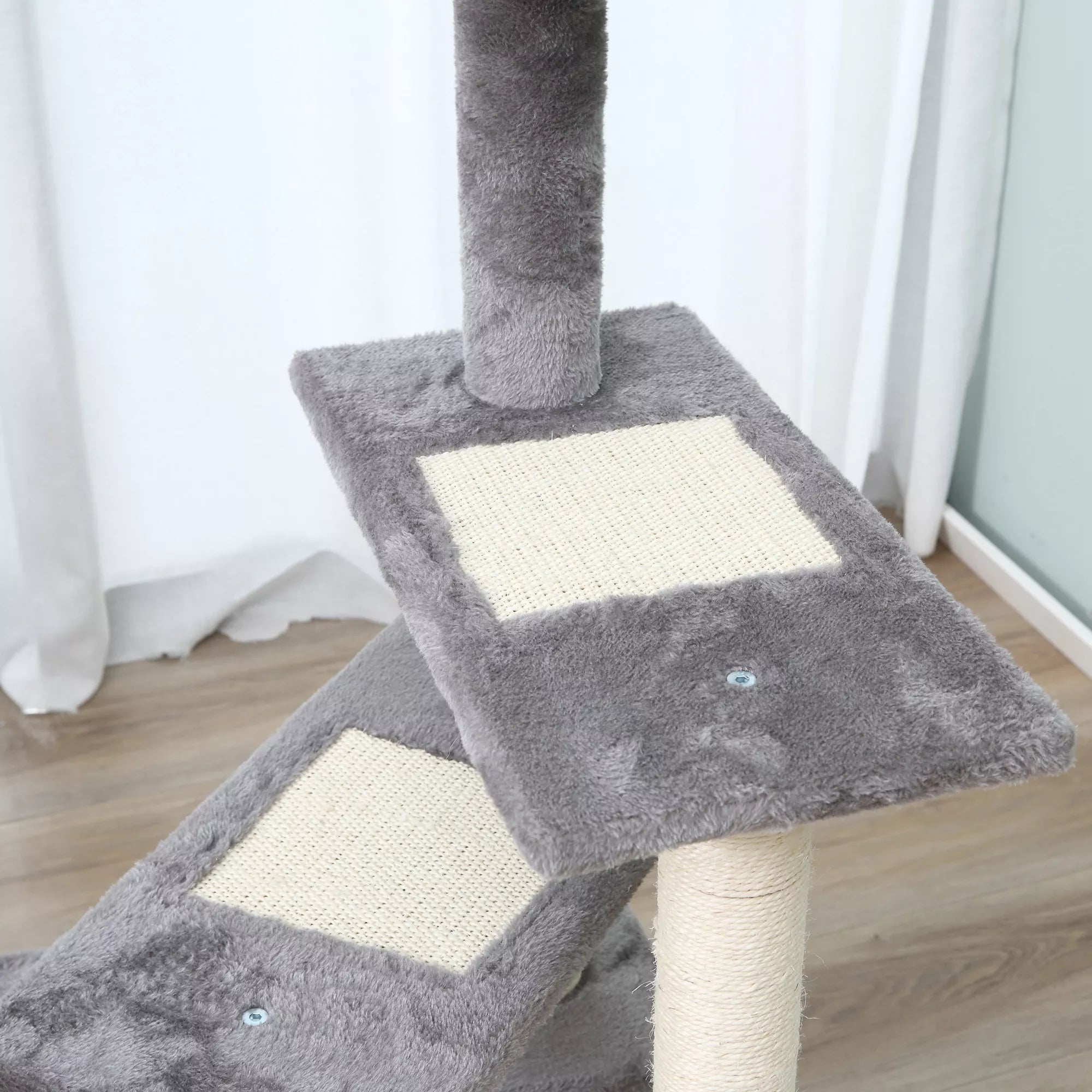Kaķu kāpšanas un skrāpēšanas koks ar kāpnēm, 5 līmeņi, bēšs un pelēks, 48,5 x 48,5 x 100 cm (garums x platums x augstums)