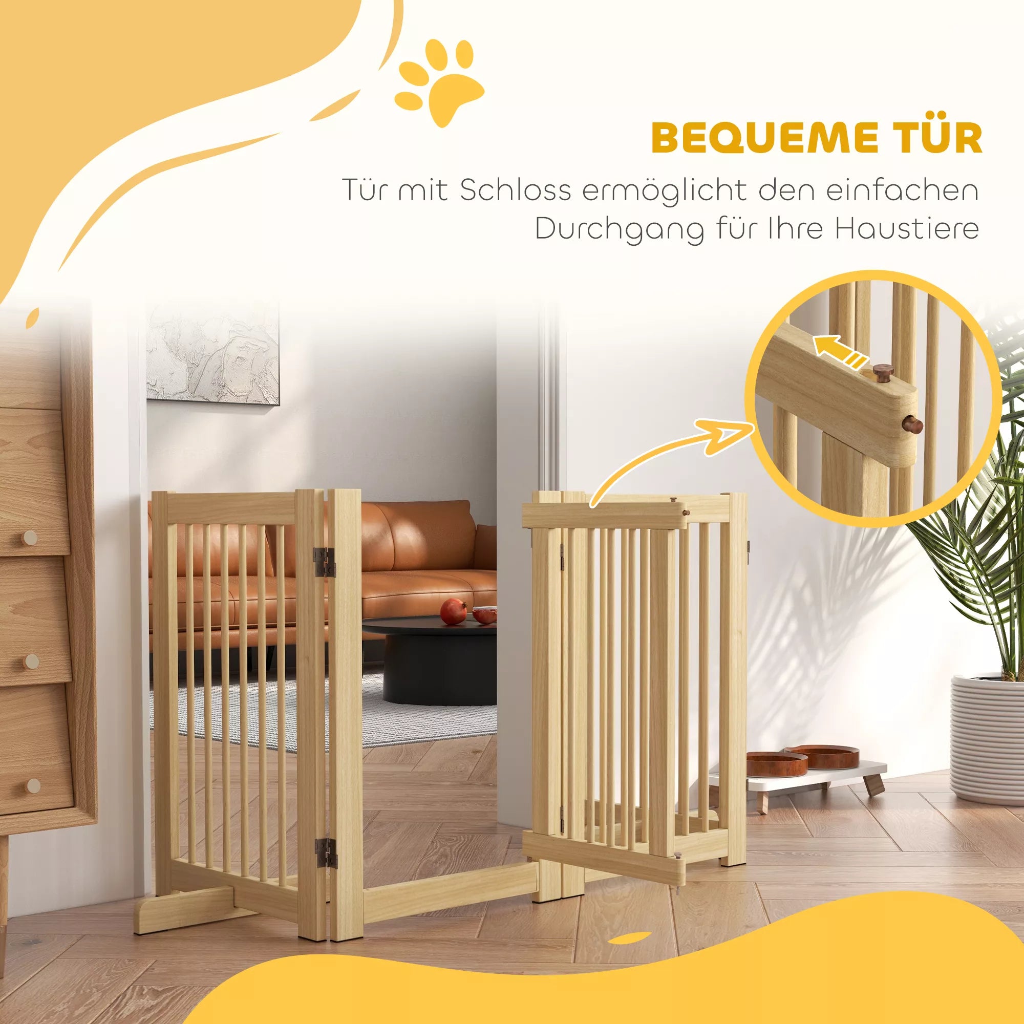 Brīvi stāvošs suņu žogs, 4 paneļi, elastīgs, priedes koks, 204 cm garums x 36 cm platums x 75 cm augstums, dabīgs koks