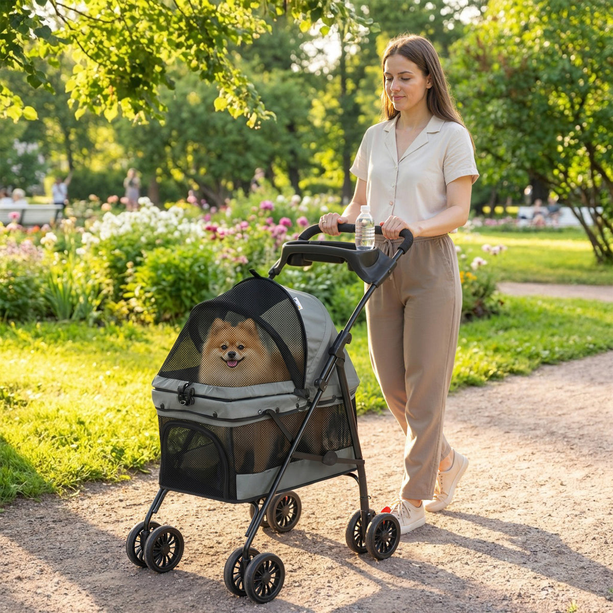 Vežimėlis šunims iki 10 kg, sulankstomas, su pagalvėle, tinkliniais langais ir puodelio laikikliu, pilkas