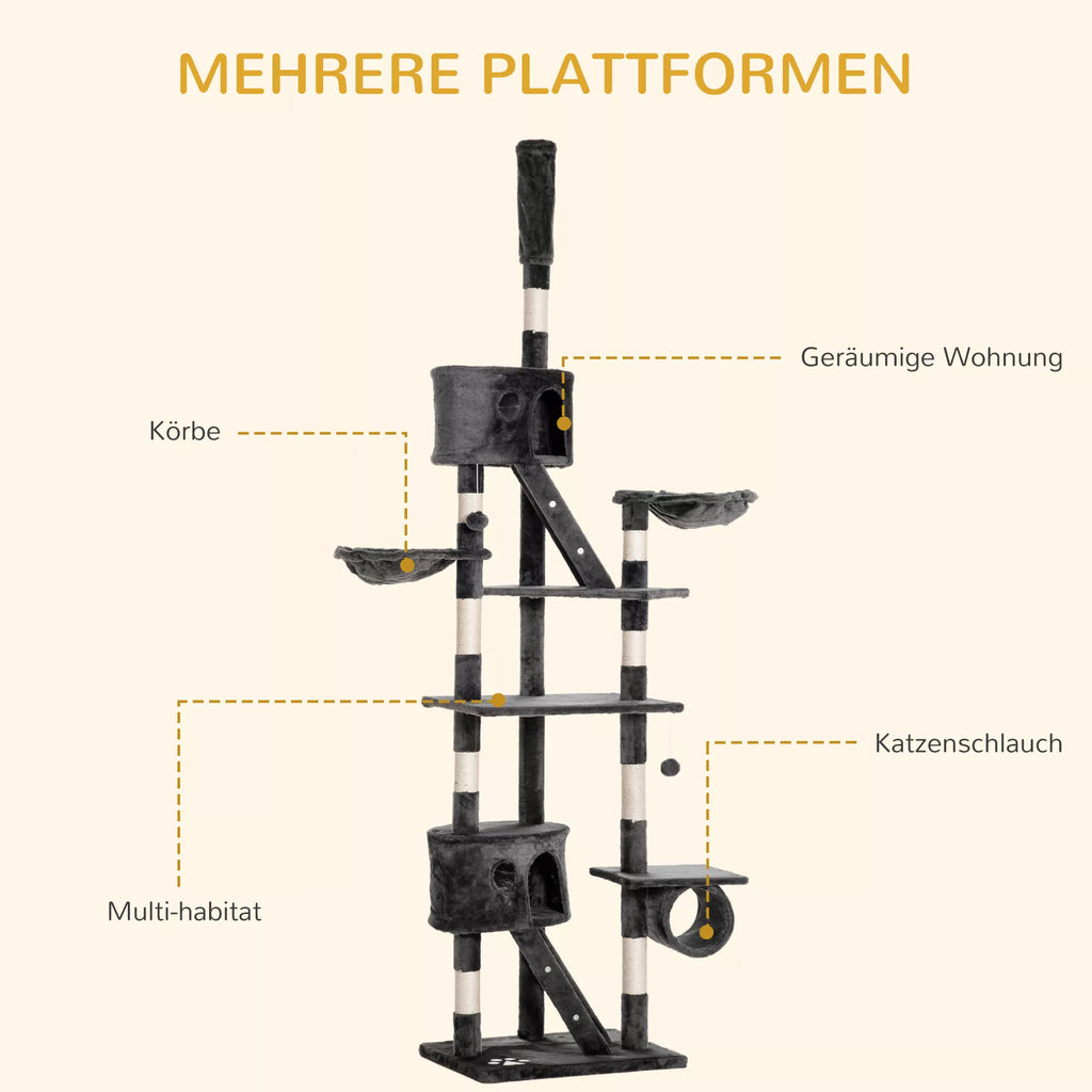 Kačių medis iki lubų aukščio 240-260 cm Katės medis su pliušiniais kamuoliais, katės urvu, hamaku, sizalio kamienais, platformomis Daugiaaukštis katės medis Laipiojimo medis didelėms katėms, tamsiai pilkos spalvos