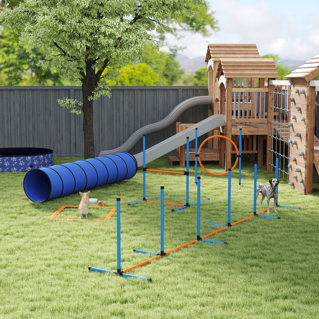 Agility rinkinys šunims, 8 dalių, su tuneliu, slalomo stulpais, reguliuojamais barjerais ir šuolių lanku, oranžinis