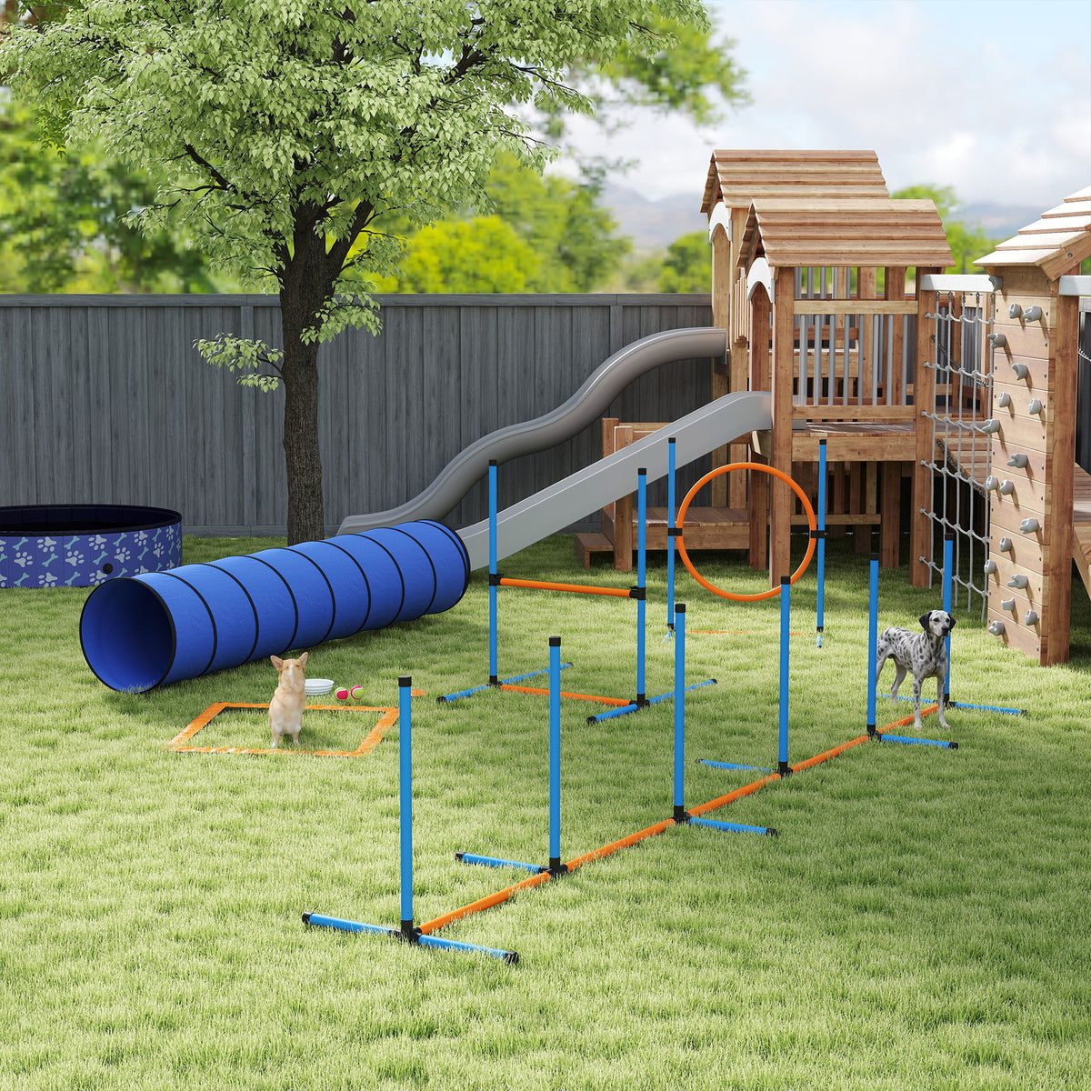 Agility rinkinys šunims, 8 dalių, su tuneliu, slalomo stulpais, reguliuojamais barjerais ir šuolių lanku, oranžinis