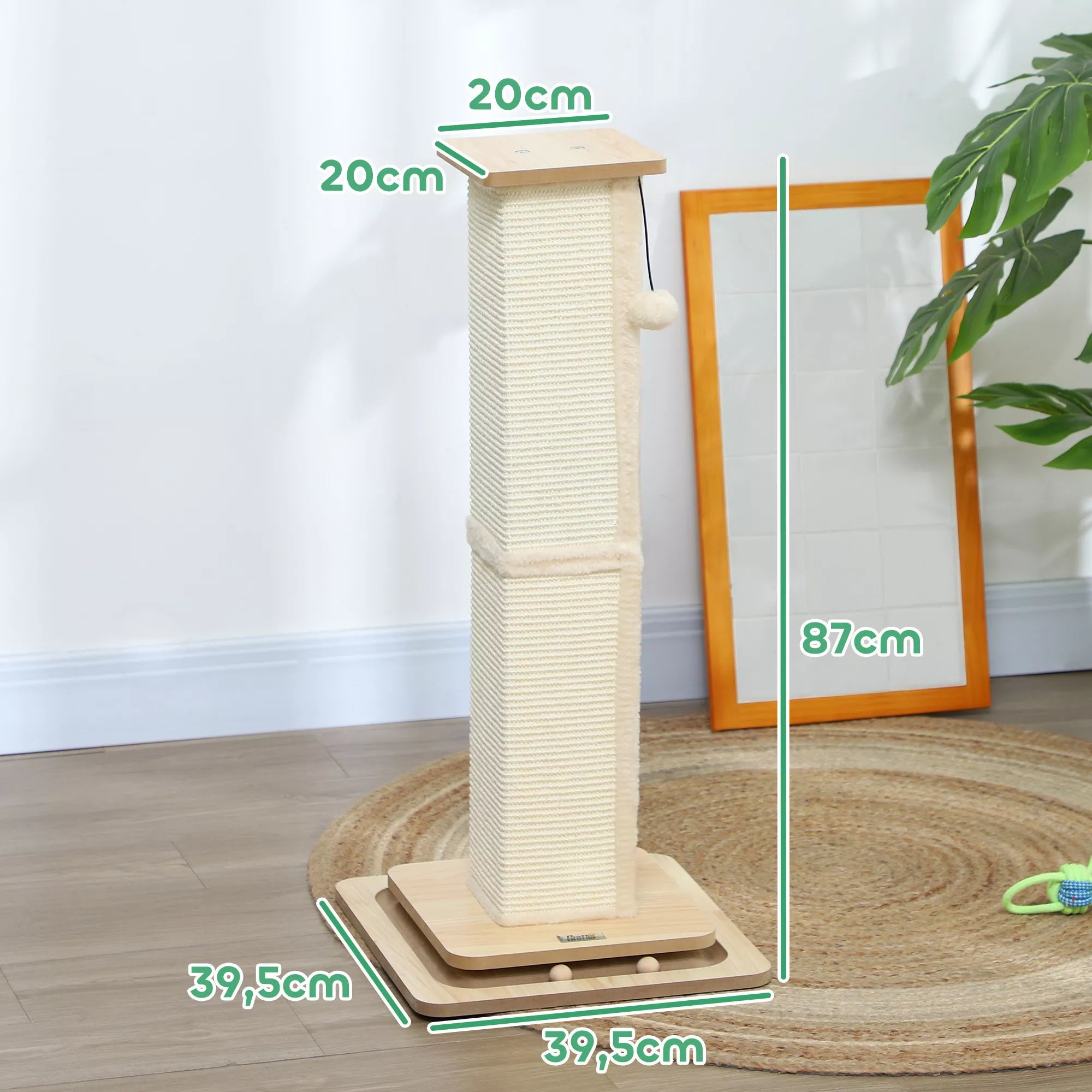 3-vienā kaķu skrāpēšanas stabs ar rotaļu paklājiņu, rotaļu bumbu, sizala krāsu, līdz 10 kg, 39,5 x 39,5 x 87 cm, ozols/krēmkrāsa