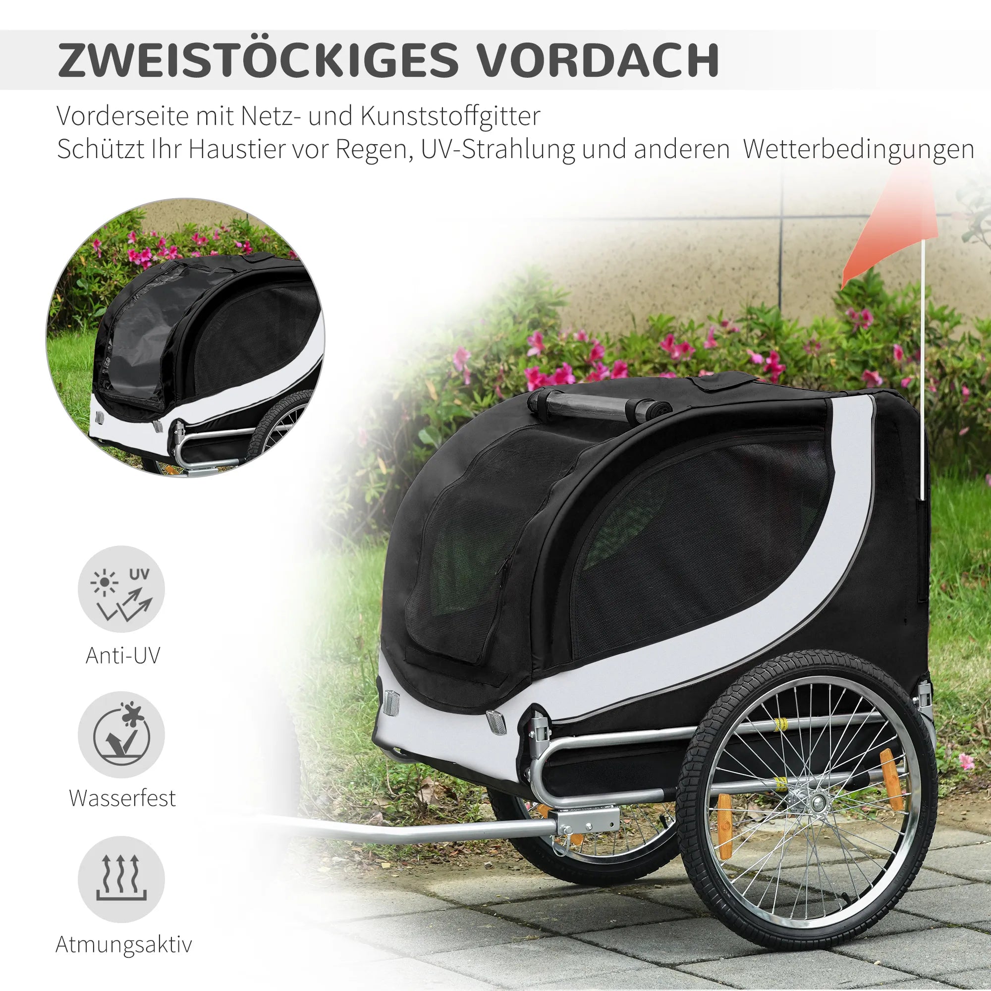 Velosipēda piekabe suņiem līdz 20 kg, sieta logs, sarullējams pārsegs, universāls savienotājs, balta+melna