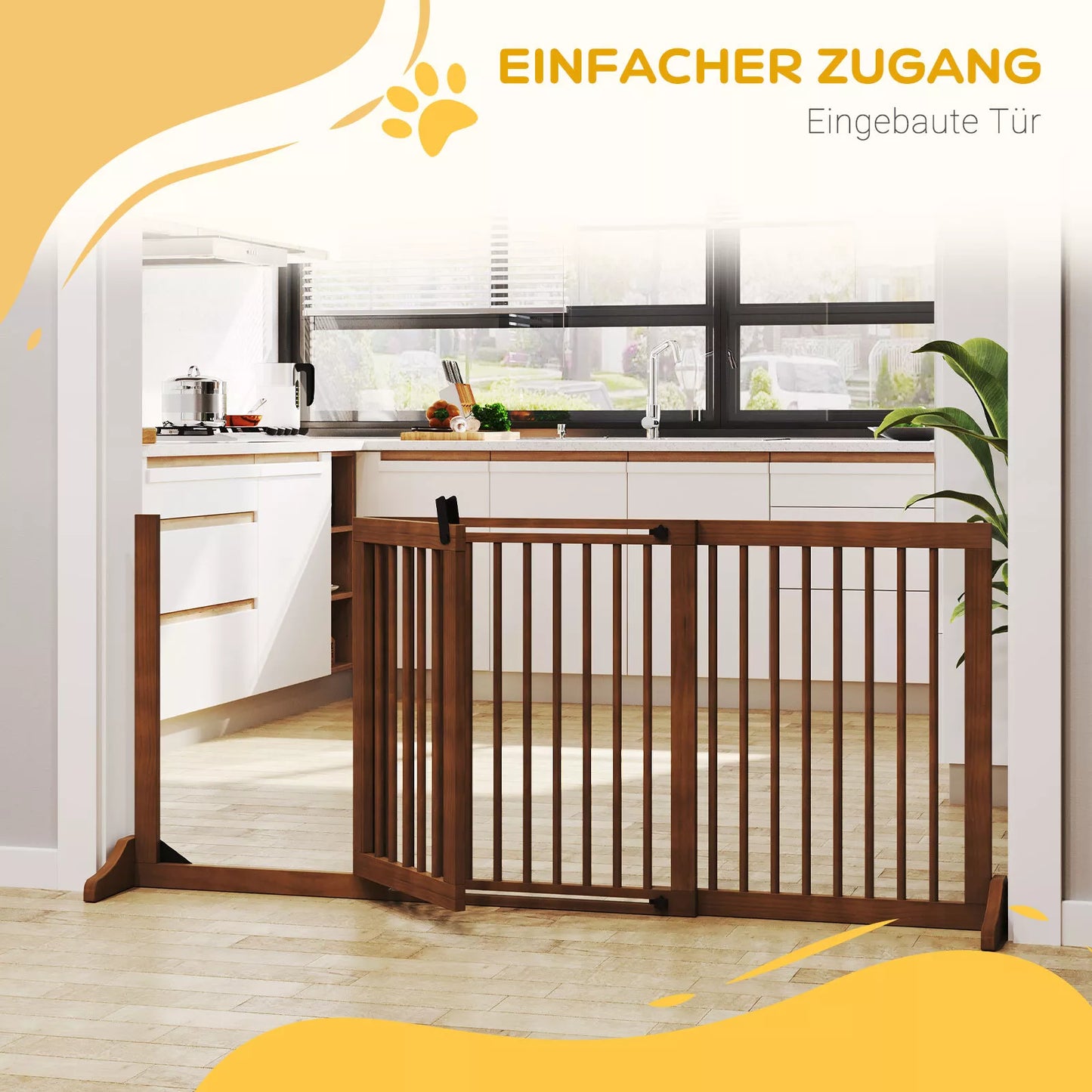 Suņu drošības barjera, durvju drošības režģis, koka drošības režģis, brīvi stāvošs suņu režģis ar durvīm, suņu bloķēšanas režģis, konfigurējams režģis kamīnam un krāsnij, brūns, 113-166 x 36 x 71 cm