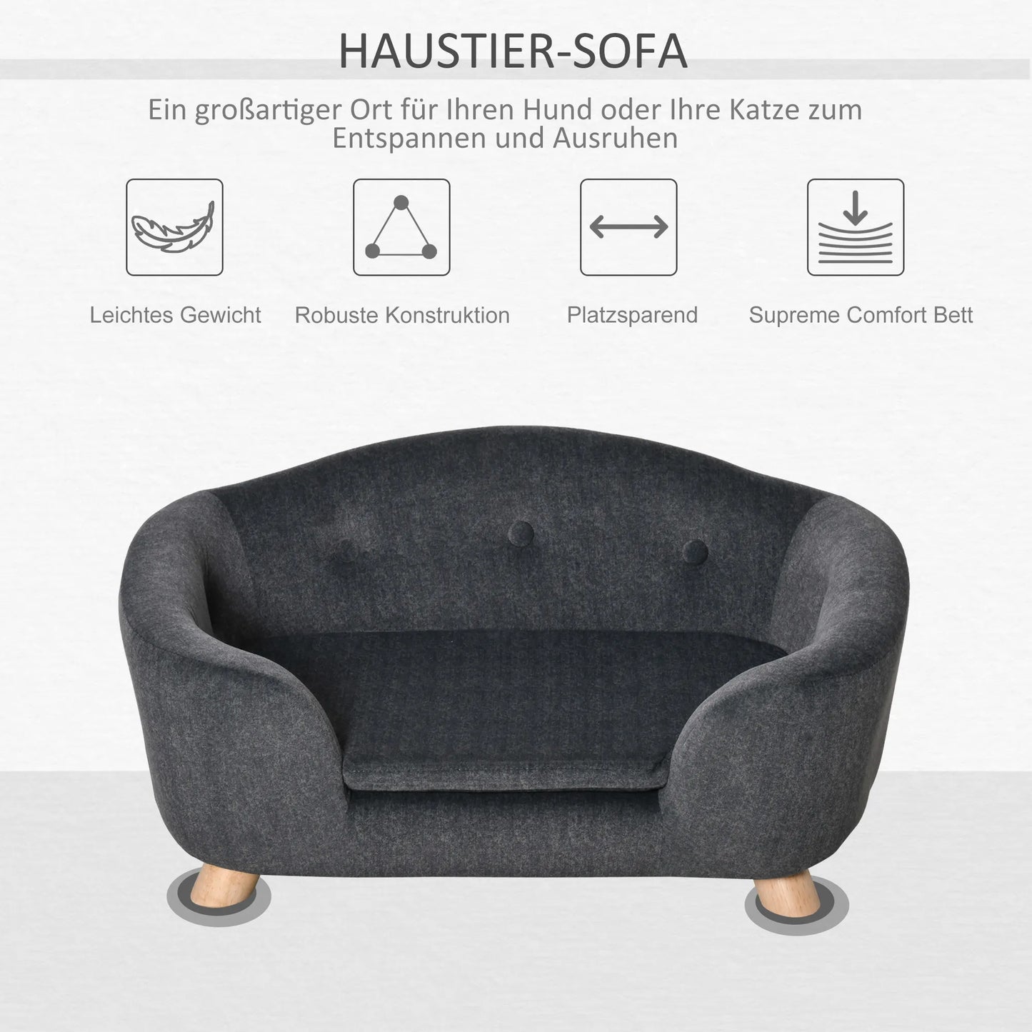 Sofa augintiniams, šunų kilimėlis, šunų lova, šunų sofa, šunų kušetė, katės sofa su pagalvėle, galinė kišenė, pliušas, putplastis, pušies mediena, tamsiai pilka, 70 x 47 x 30 cm