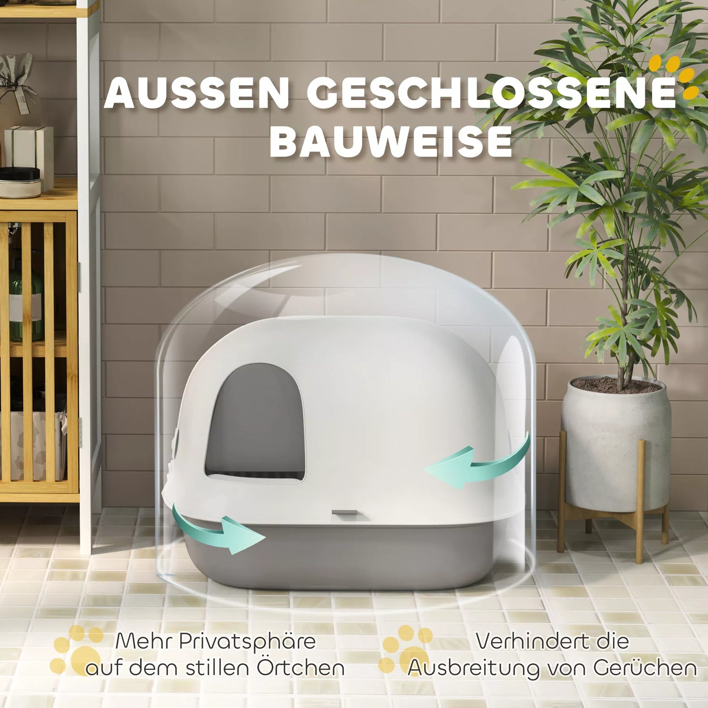 Kaķu pakaišu kaste ar vāku un iekšējo renni, durvīm, kausiņu, viegli tīrāma, plastmasa, gaiši pelēka