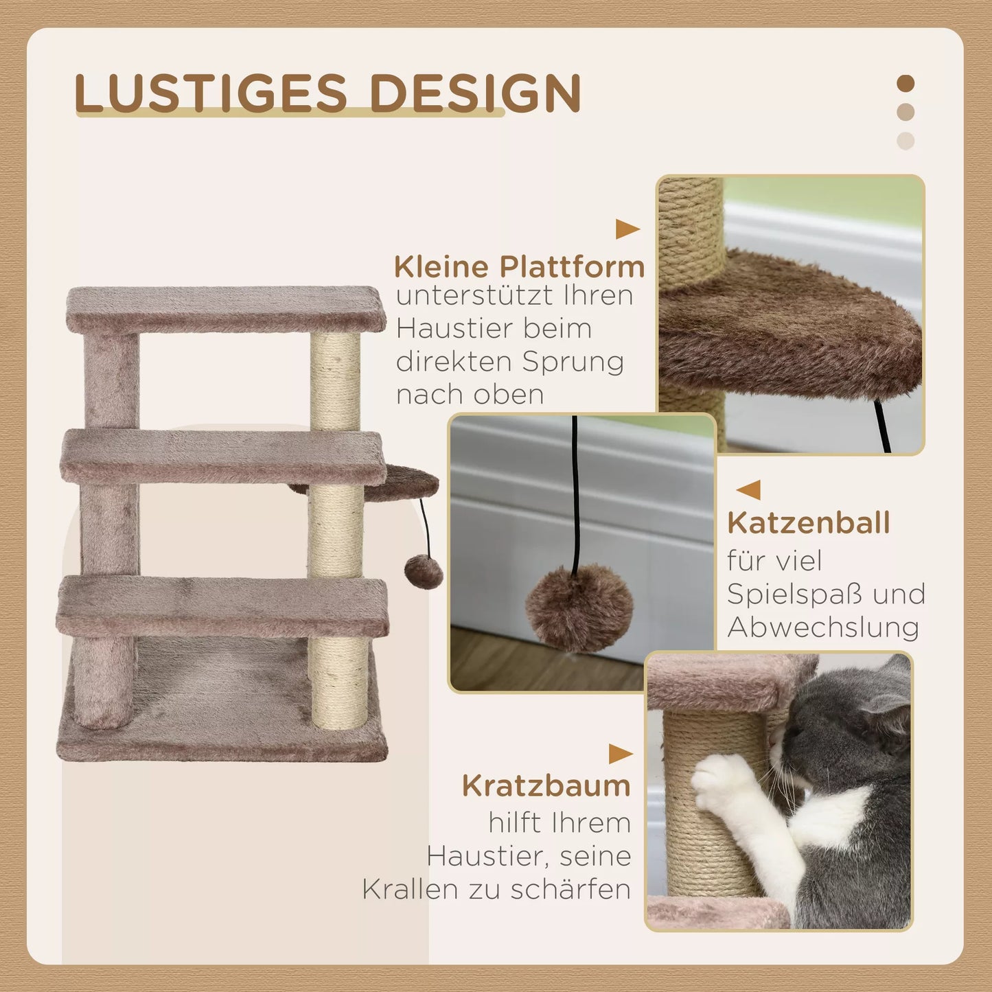 Kaķu skrāpējamais stabs, pakāpieni mājdzīvniekiem, 3 līmeņi, rotaļu bumba, līdz 5 kg, 45x40x48cm, brūns