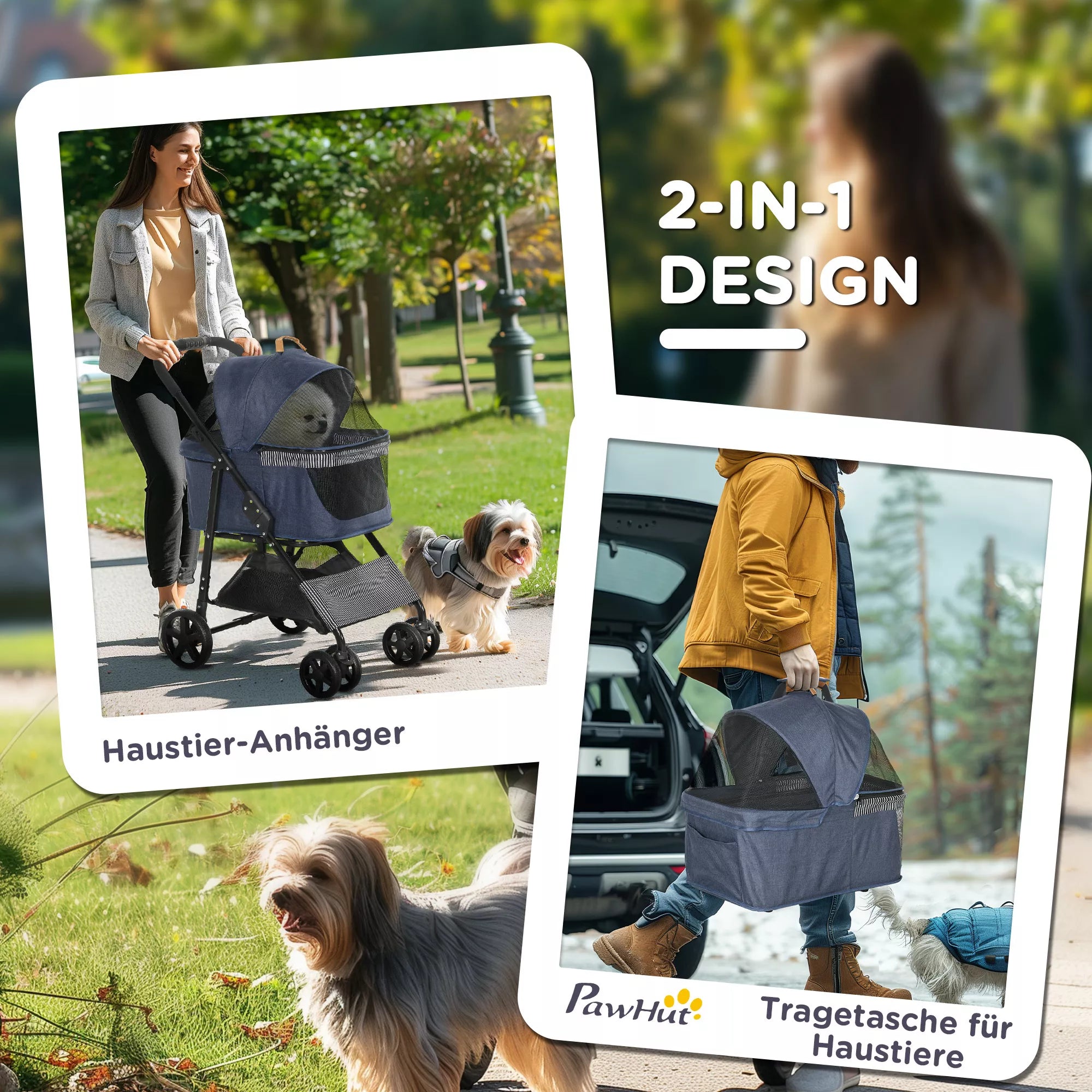 2-vienā suņu ratiņi, noņemams transportēšanas grozs, salokāms metāla rāmis, 77,5 x 51 x 99,5 cm, tumši zils+melns