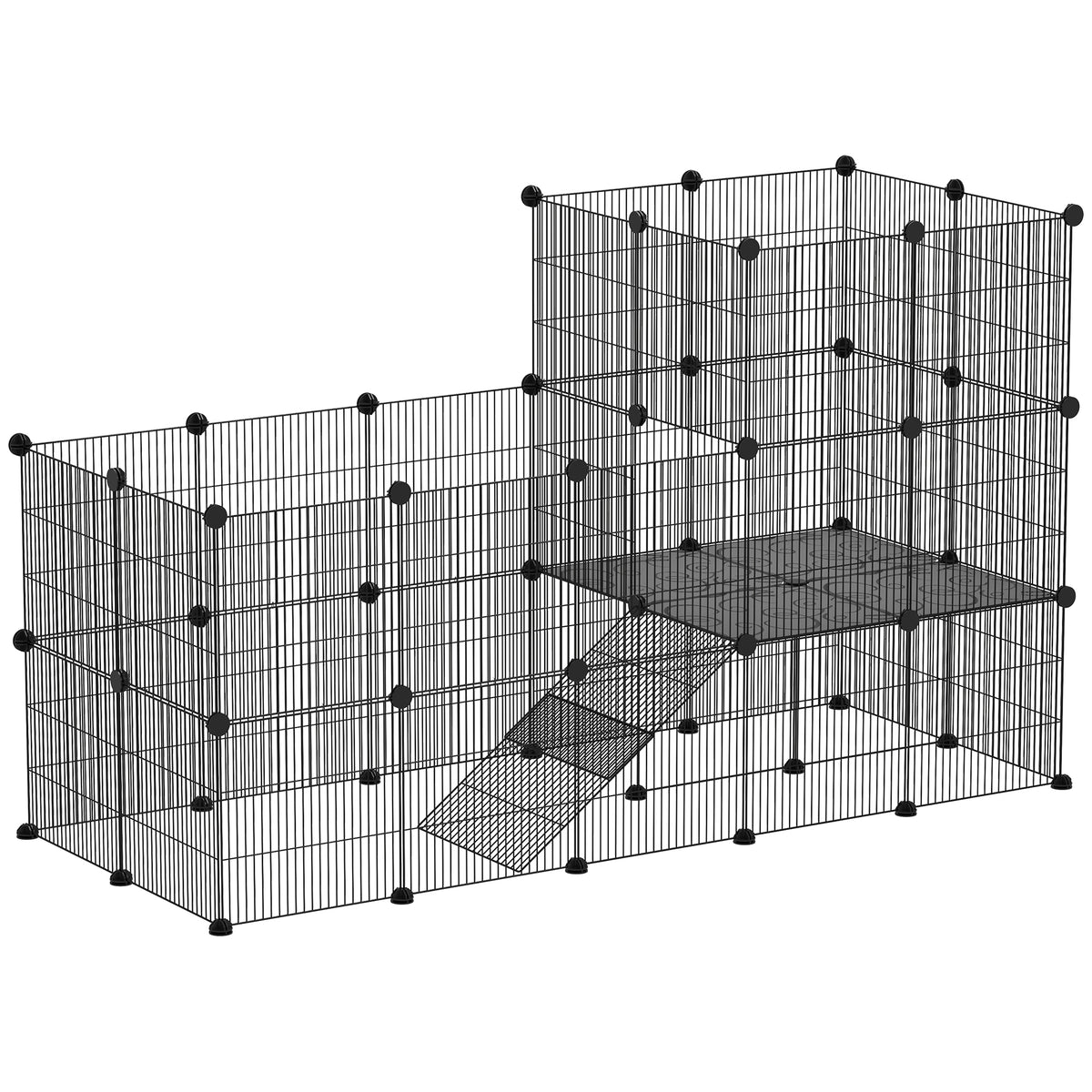 Aptvaras nykštukiniams triušiams ir jūrų kiaulytėms iš 39 plokščių, 2 aukštų su rampa, 140x70x105 cm, juodas
