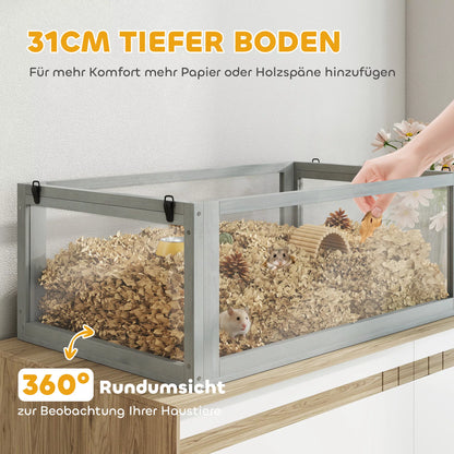 Koka māja kāmīšiem, 3 stāvu ar lielu dibenu, noņemamiem līmeņiem, maziem dzīvniekiem, 80x50x76cm, gaiši pelēka