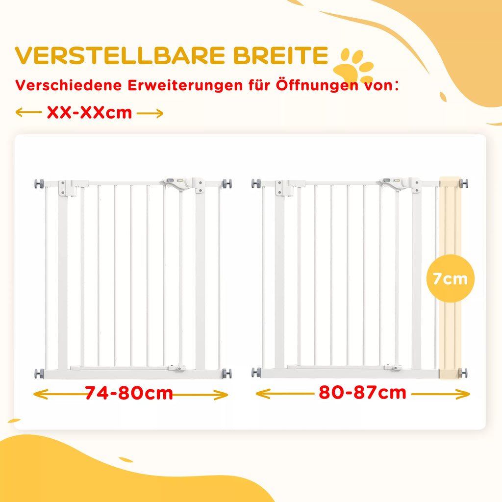 Suņu drošības vārtiņi, barjera, mājdzīvnieku vārtiņi, metāla, plastmasas, 74-87 cm, balti