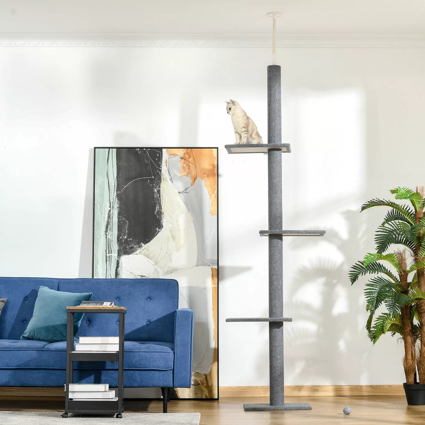 Lubinis kačių draskyklė, aukštis 228-260 cm, su platformomis, daugiaaukštė, laipiojimo medis mažoms ir didelėms katėms, pilka
