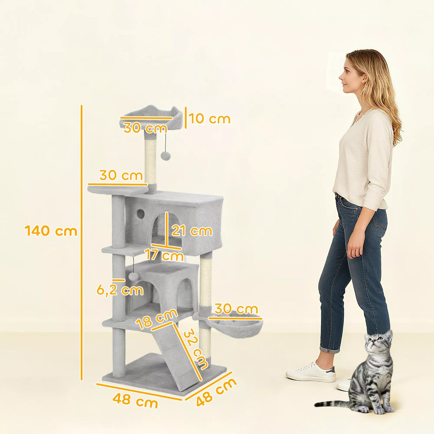 140 cm kaķu skrāpējamais stabs, vairāki līmeņi, sizala skrāpējamie stabi, gultņi, plīša platformas, šūpuļtīkls, kāpnes, rotaļu bumbiņas