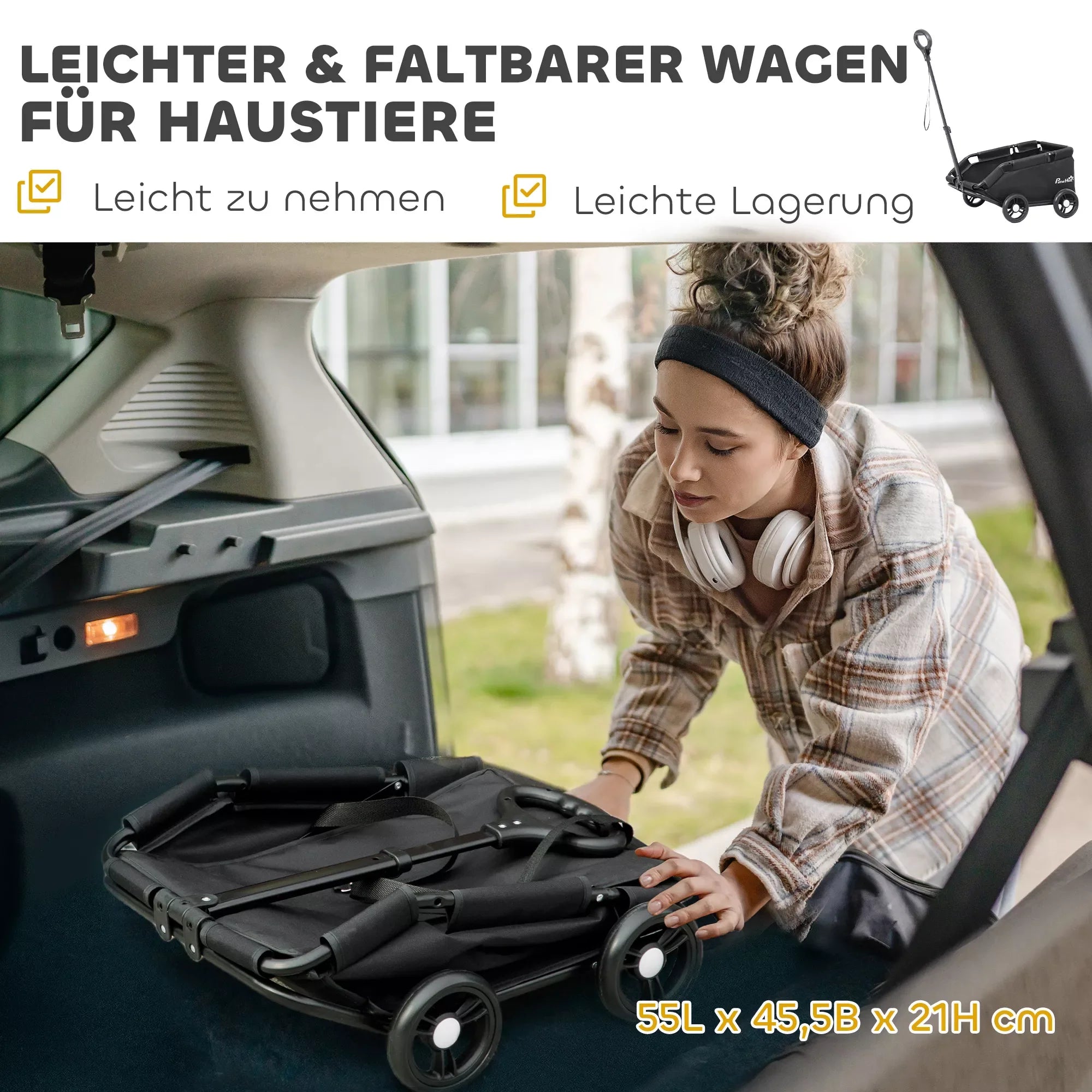 Suņu ratiņi, saliekami suņu ratiņi maziem suņiem līdz 4 kg, saliekami kaķu ratiņi ar rokturi, mazgājams spilvens, drošības siksnas, uzglabāšanas kaste, 4 riteņi, melni