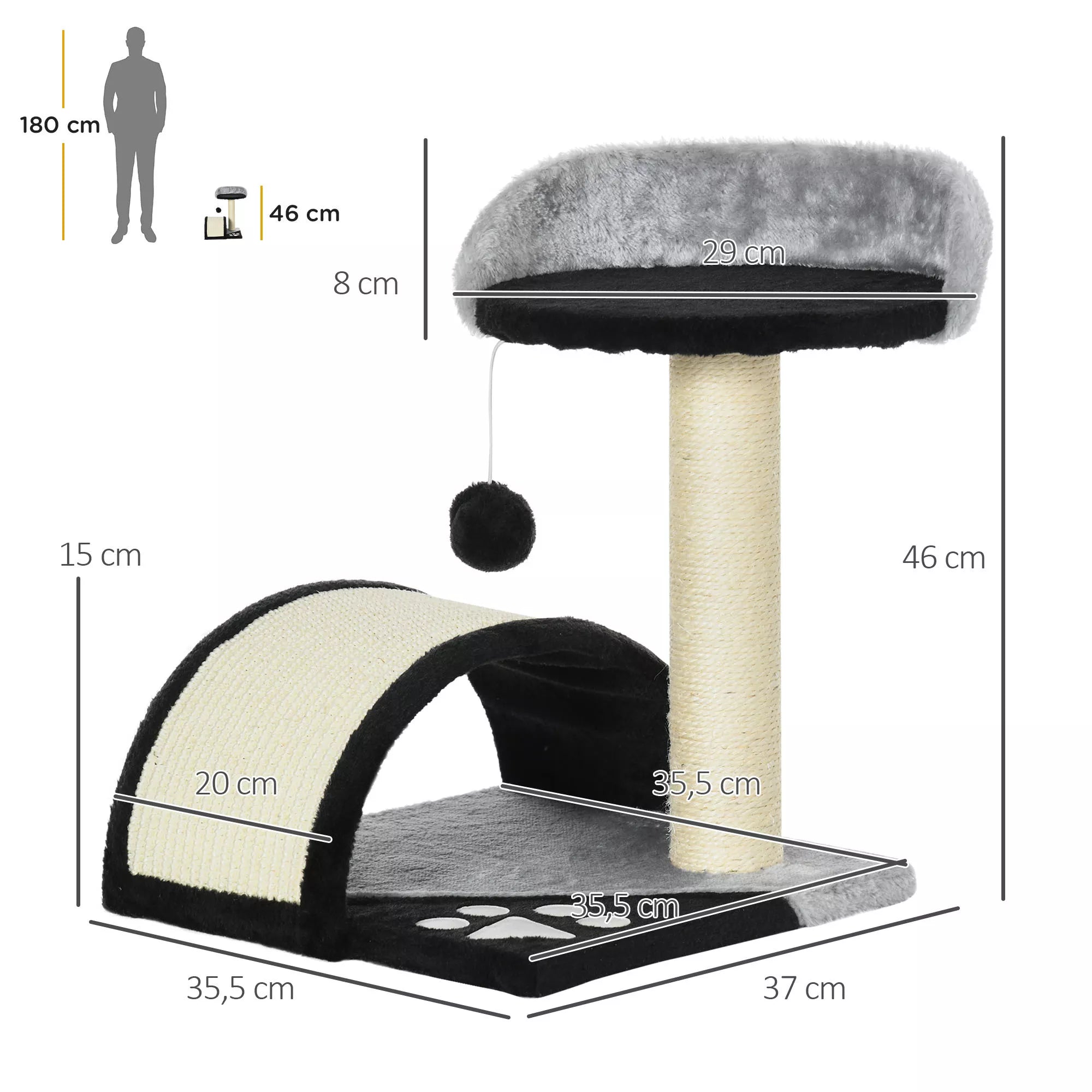 Kaķu skrāpējamais stabs ar rotaļu bumbām, ar sizala virves skrāpējamajiem stabiem, melns, 35,5 x 37 x 46 cm