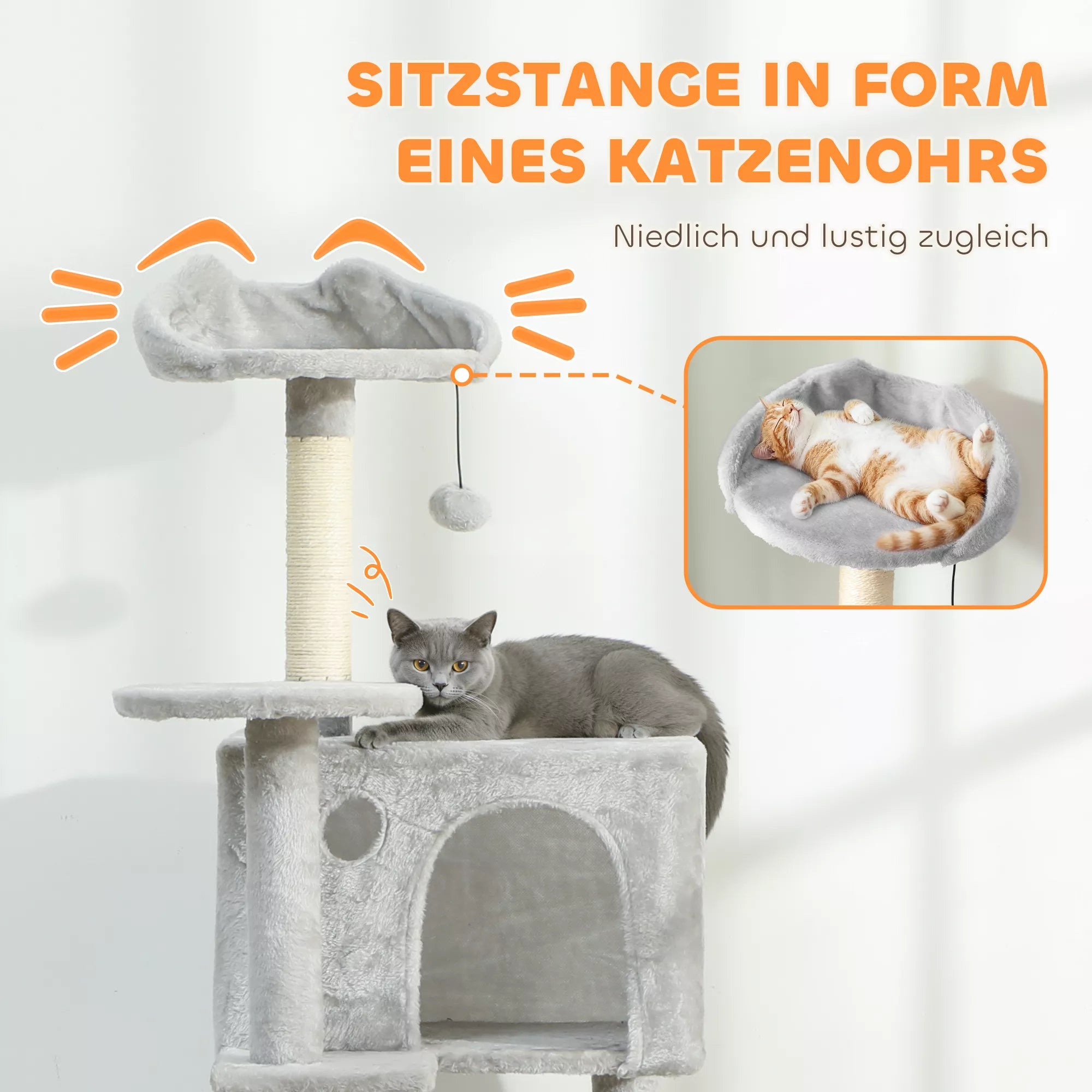 160 cm kaķu skrāpējamais stabs, vairāki līmeņi, sizala skrāpējamie stabi, alas, plīša platformas, šūpuļtīkls, pakāpieni, rotaļu bumbiņas