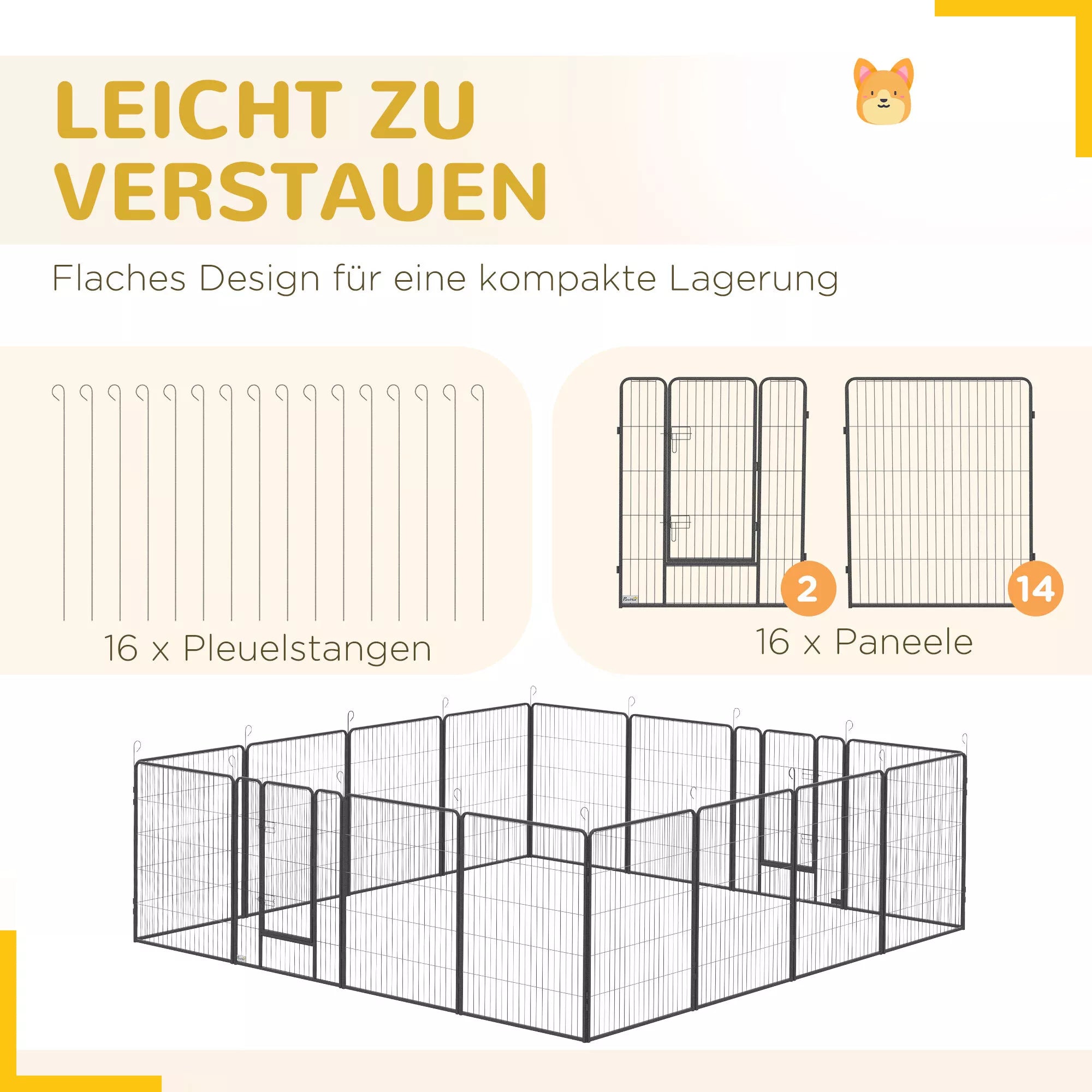 Kucēnu rotaļu laukums, modulārs dizains, 16 elementi, 2 durvis, laikapstākļiem izturīgs, tērauds, 3,2 x 3,2 x 1 m, pelēks