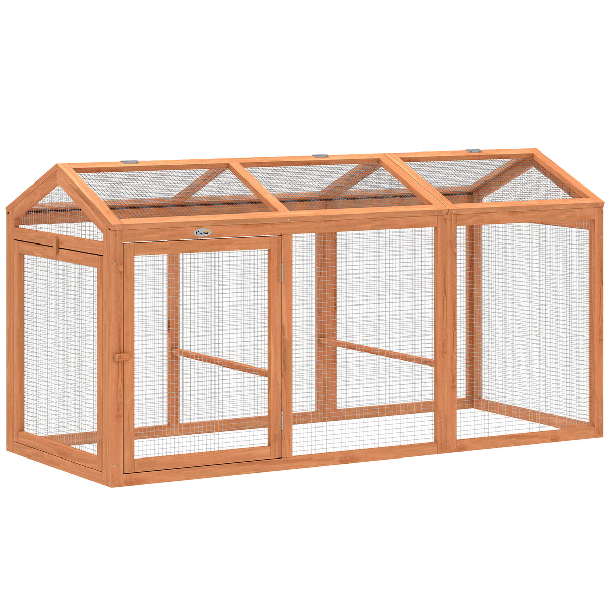 Lauko aptvaras vištoms 156x70,5x84 cm, medinis, su lakta ir dvejomis durimis, 4 vištoms, oranžinis