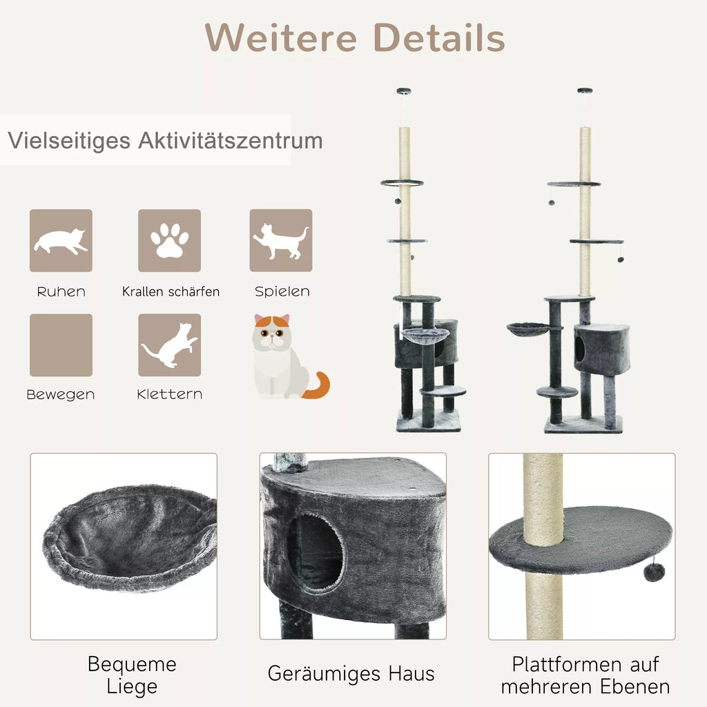 Kaķu māja no grīdas līdz griestiem 220-265 cm, ar rotaļlietām, gultu, šūpuļtīklu, sizala stabiem, platformām, daudzlīmeņu kaķu māja skrāpēšanai, kāpšanas māja vidēja lieluma kaķiem, tumši pelēka