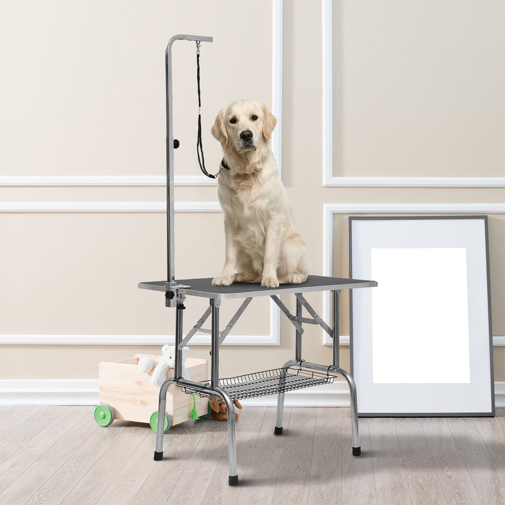 Kirpimo stalas šunims 90x60x75 cm, sulankstomas, su pasukamu laikikliu ir tinkline lentynėle, iki 150 kg, juodas