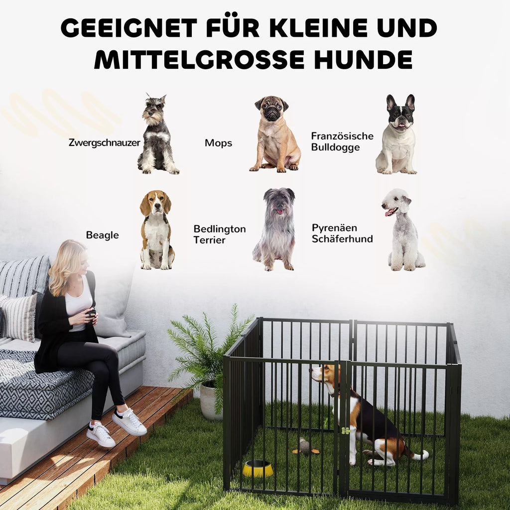 Suņu žogs, kucēnu voljērs, 8 paneļi ar durvīm, salokāms un pārnēsājams suņu žogs, tērauds, melns
