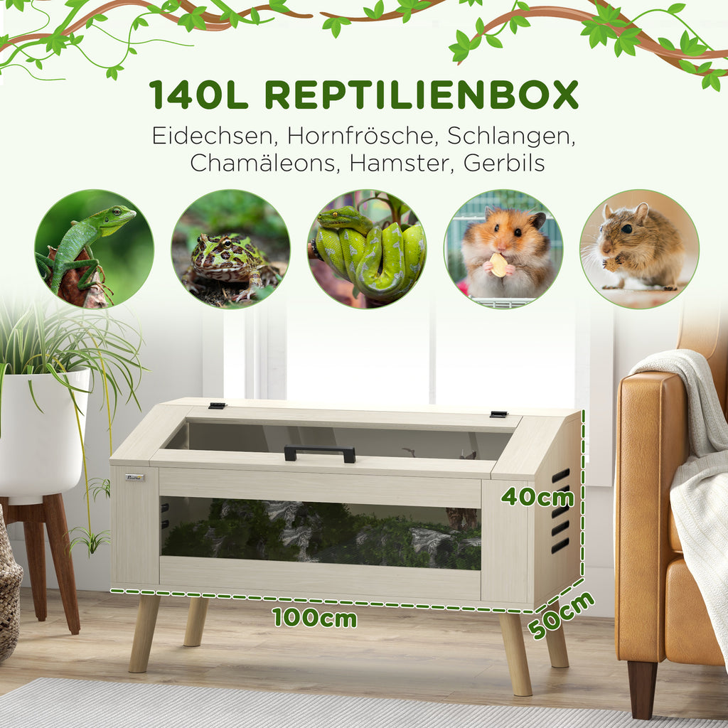 Terariumas ropliams 140 l, medinis, su stiklo langais, tinka šildymo kilimėliui, 100x50x60 cm, ąžuolo spalvos