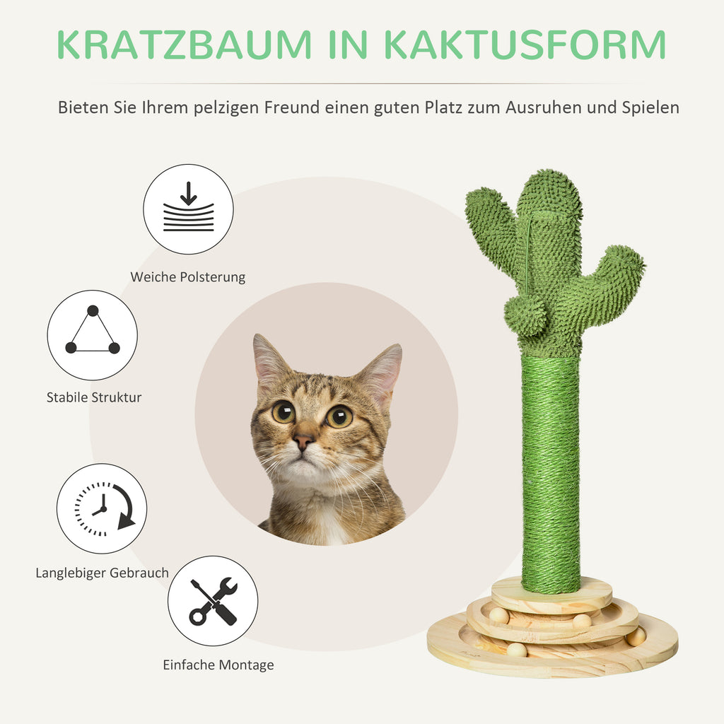 Draskyklė kaktusas 60 cm su kabančiu kamuoliuku, pušies mediena ir sizalis, katėms iki 5 kg, žalia