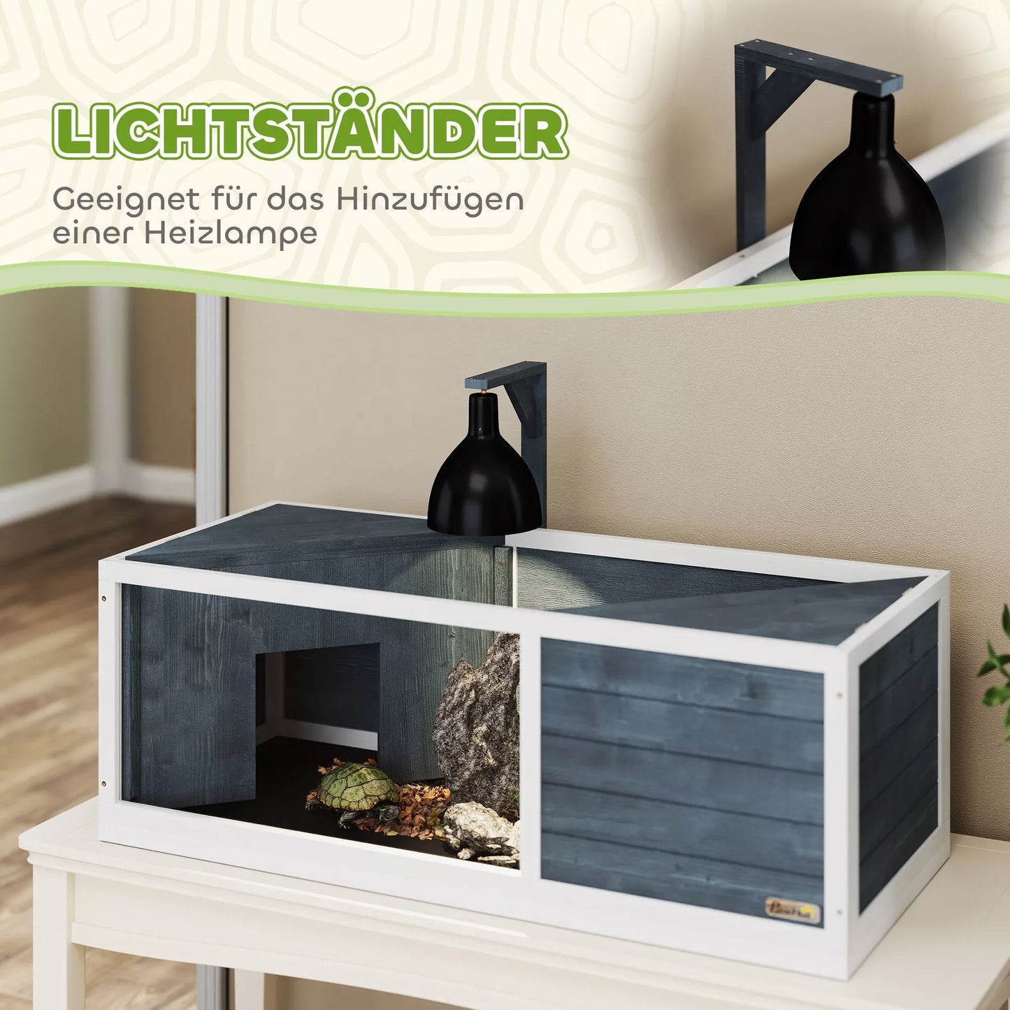 PawHut Bruņurupuču Māja ar Viegli Atveramu Augšu, Lampas Turētāju, Caurspīdīgu Priekšpusi, 120 x 50 x 40 cm, Pelēka