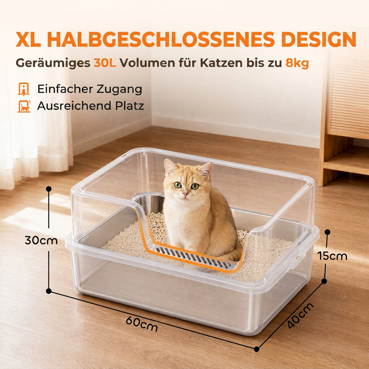 Pusiau uždaras kačių tualetas XL iš nerūdijančio plieno, 30 l, su kilimėliu ir semtuvėliu, iki 8 kg, šviesiai pilkas