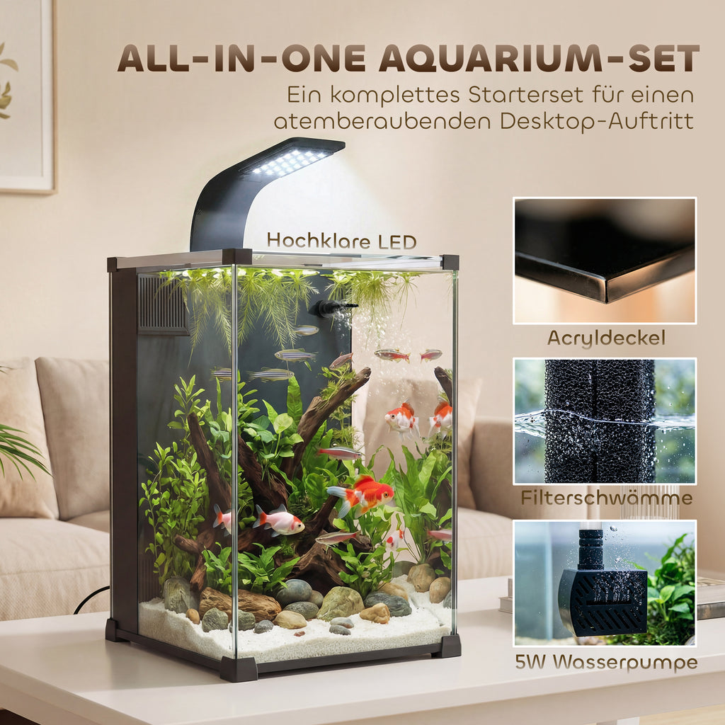Akvariumo komplektas 36 l su LED apšvietimu, filtru ir pompa, 30x30x45,5 cm, juodas