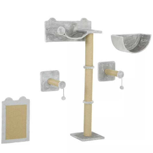 5 dalių sieninis laipiojimo komplektas naminiams kačiams su draskykle, draskymo kilimėliu, kačių lova, žaisliniais kamuoliukais, šviesiai pilkos spalvos
