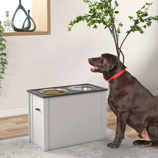 Barošanas stacija ar paceltiem barības konteineriem, 1 uzglabāšanas vieta, 2 nerūsējošā tērauda bļodas, 60 x 30 x 42 cm, balta + pelēka