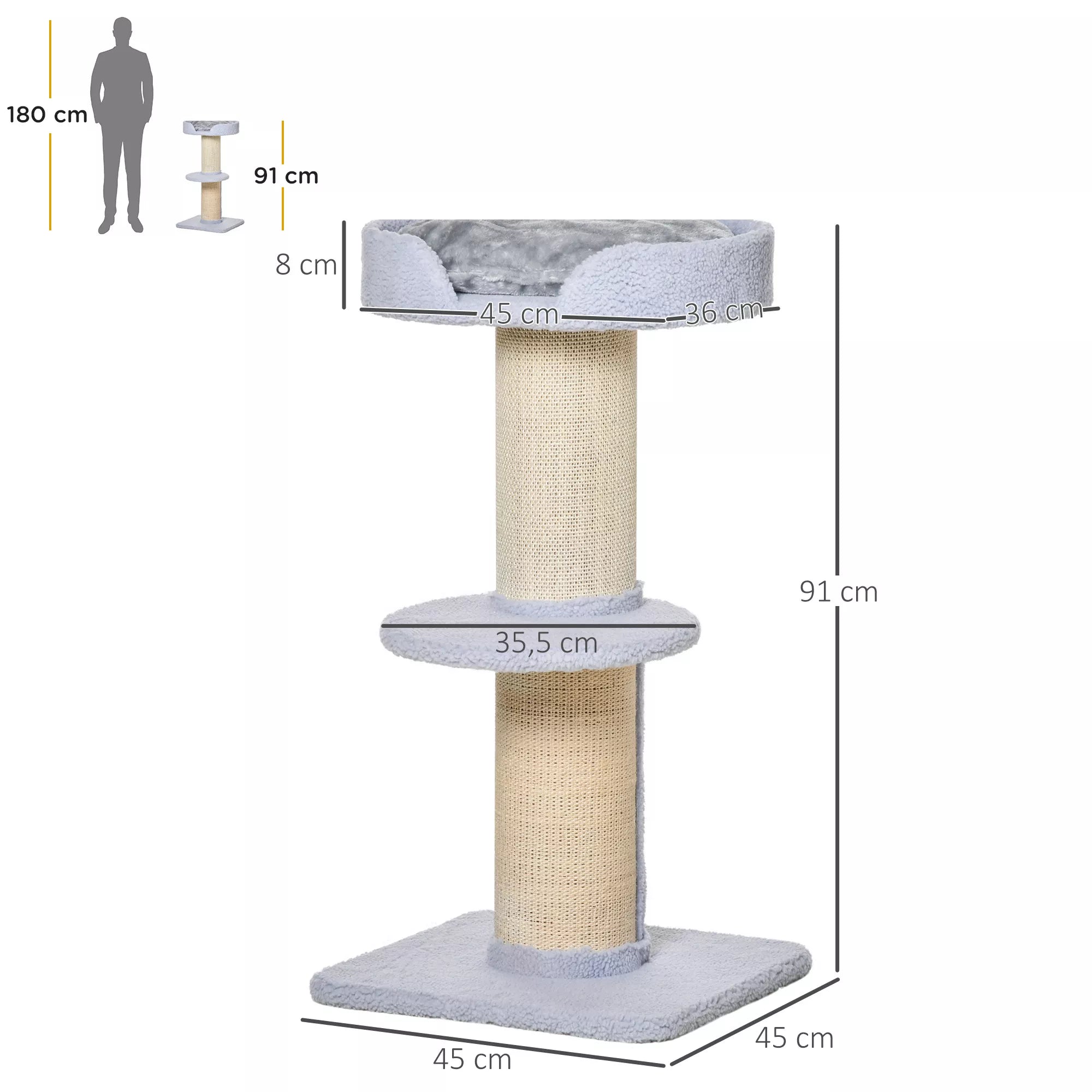 Kaķu tornis 91 cm, kaķu tornis ar sizala stabiem, platformu, spilveniem, daudzstāvu kaķu skrāpējamais koks, kāpšanas koks, vidēja lieluma kaķiem, gaiši zils