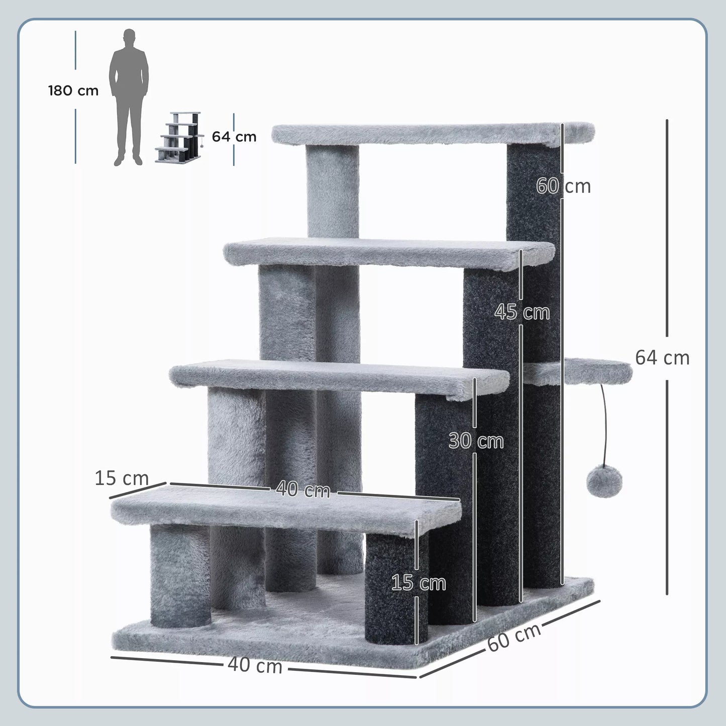 4 pakopų augintinių laipteliai su draskyklėmis ir kamuoliuku šunims ir katėms, skirti katėms iki 5 kg, pliušas, džiutas, pilkos spalvos, 60 x 40 x 64 cm