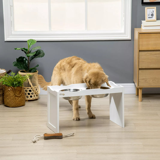 Barošanas stacija, bļodu statīvs, 2 barošanas bļodas, katra 2 litri, nerūsējošā tērauda, ​​lieliem suņiem, balta, 63 x 30 x 24 cm