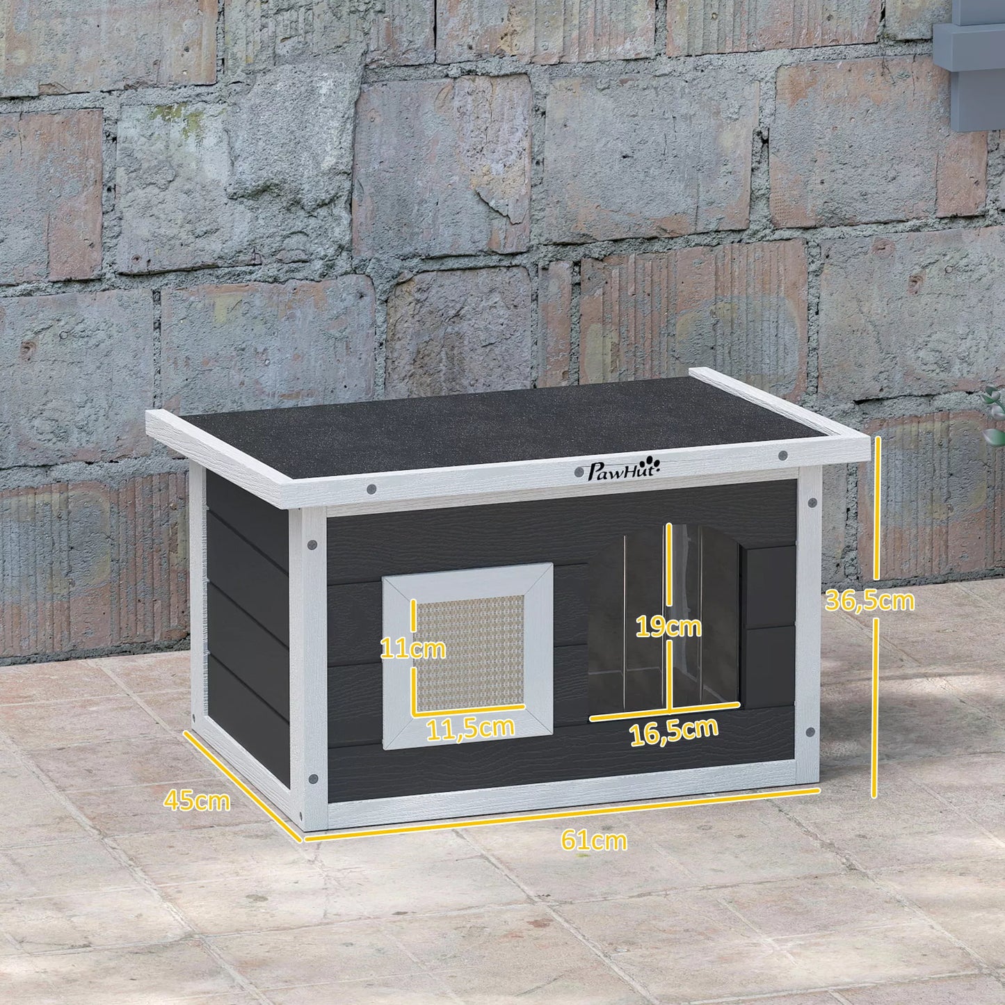 Kaķu māja, slēptuve kaķiem un trušiem, koka māja ar skrāpējamo stabu, durvis, 61 x 45 x 36,5 cm, pelēka
