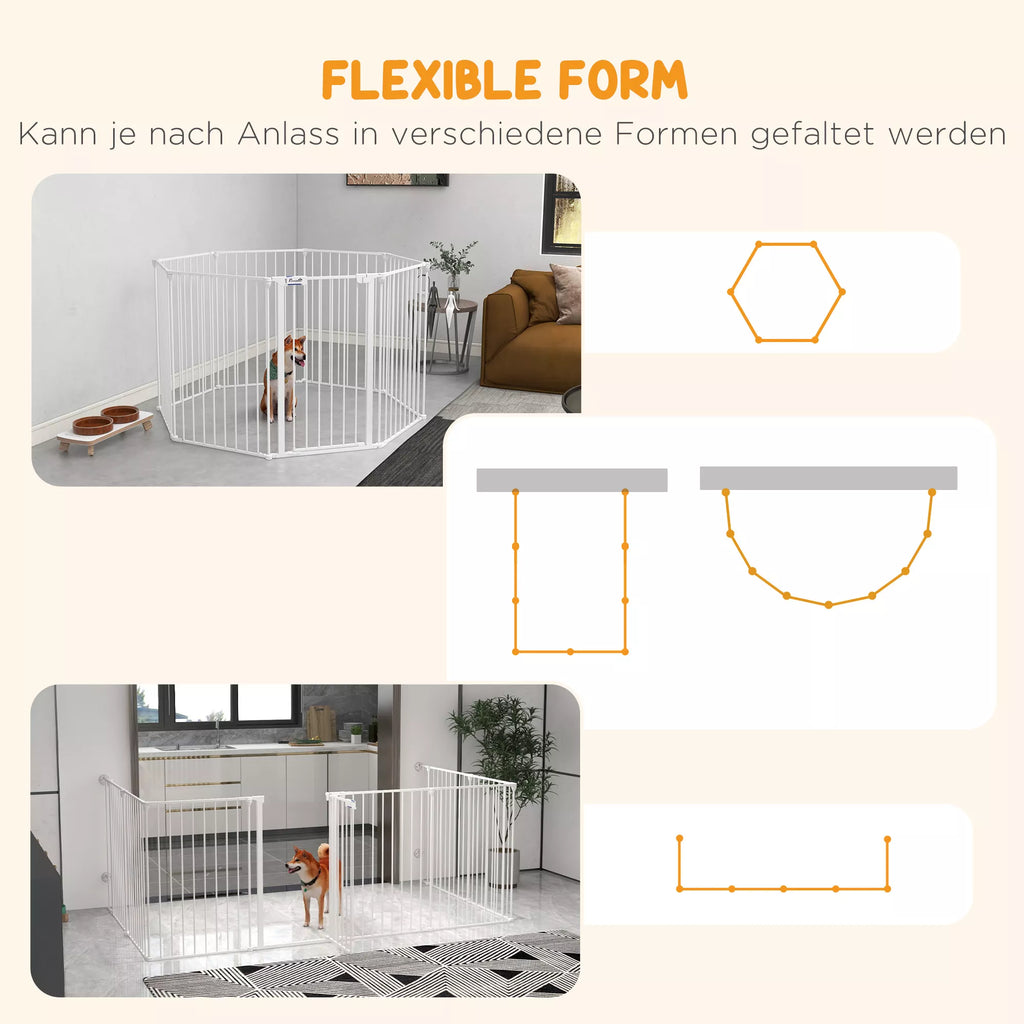 2-in-1 šuniukų aptvaras ir apsauginė tvorelė, 8 paneliai, užrakinamos durys, plienas, 90 cm aukštis, balta