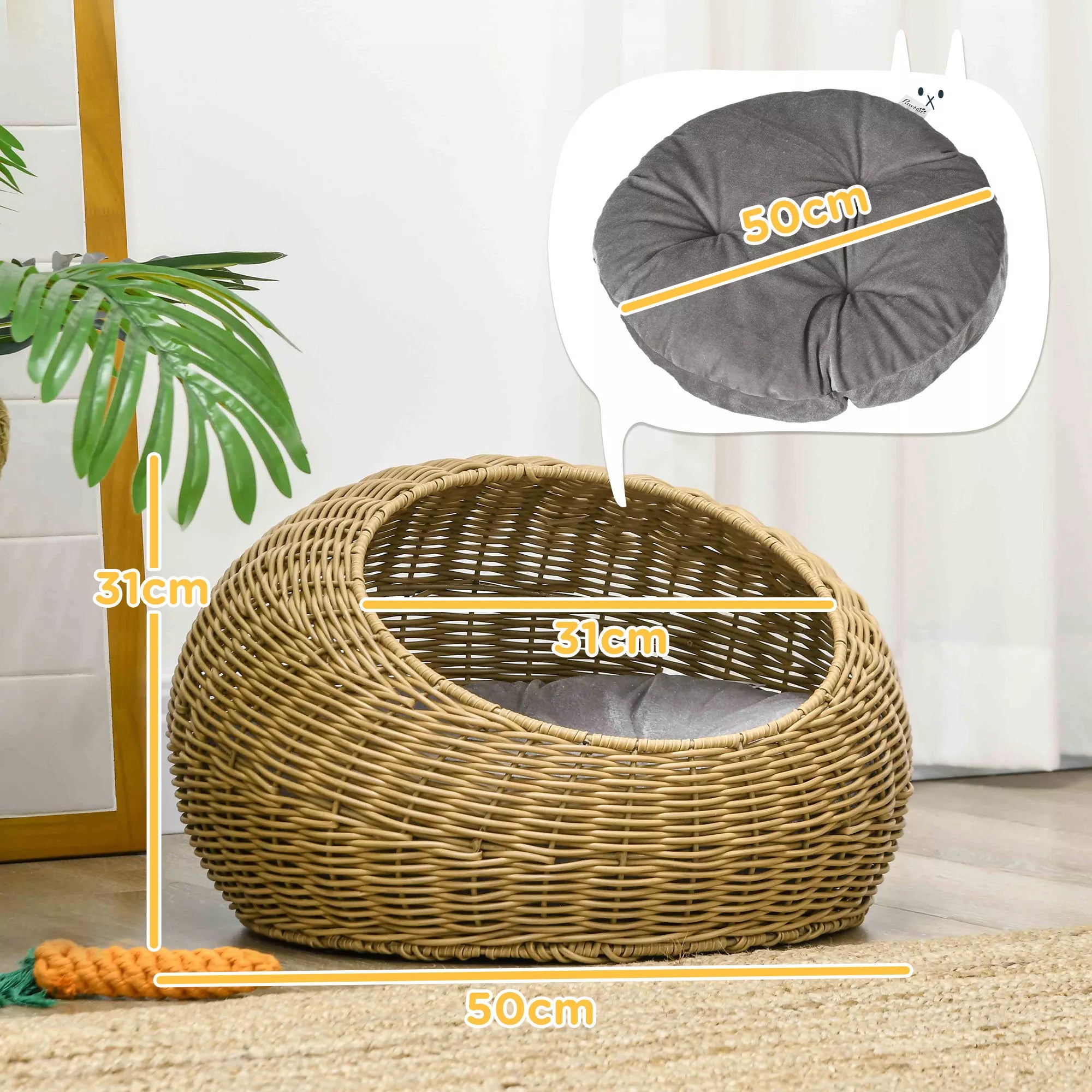 Katės guolis su plaunama pagalvėle, gyvūnams iki 4 kg, vidinis, dirbtinio rotango, Ø50 x 31 cm, šviesiai rudas