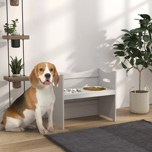 Suņu barības stacija, 2 nerūsējošā tērauda bļodas, regulējams augstums, 54x31,5x47cm, balta