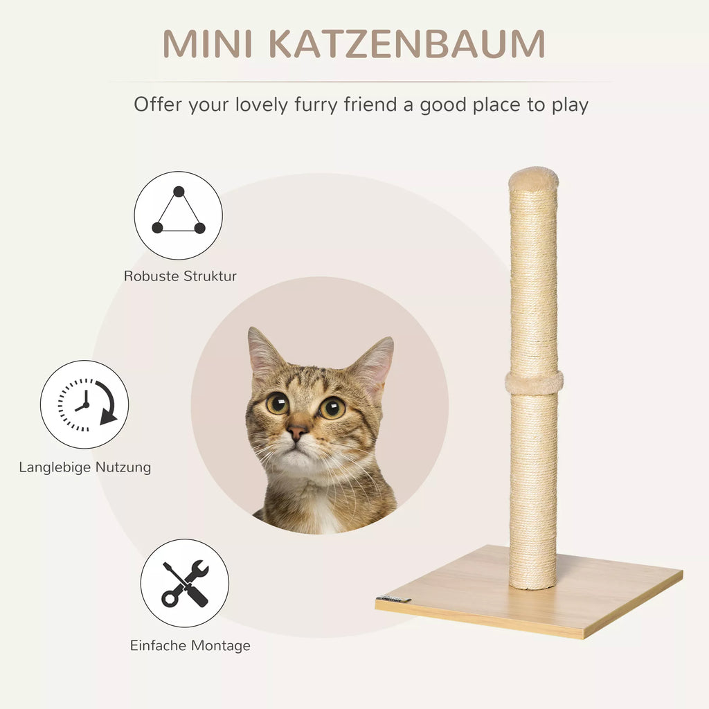 Braižymo stulpas katėms, sizalio draskymo stulpas, stabilus kačių draskytuvas, braižymo žaislas katei su kamuoliu, 60 cm, medžio drožlių plokštė, sizalis smėlio spalvos + ąžuolas, 34 x 34 x 60 cm