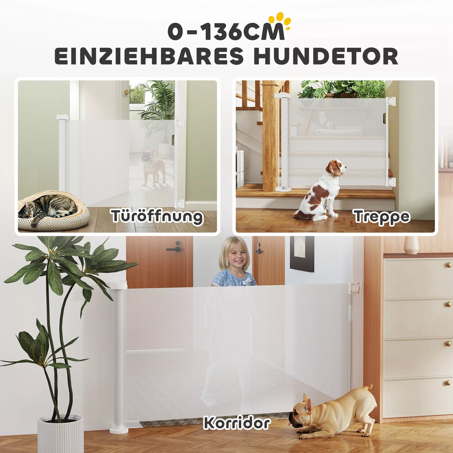 Ištraukiami laiptų ir durų varteliai augintiniams, 0-136 cm, 87 cm aukščio, 142 x 10 x 87 cm, balti