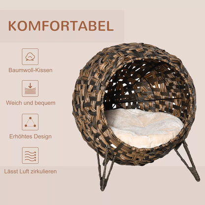 Rattan Cat House with Cushion, Cat Bed with Raised Legs, Brown, Ø52 x 58 cm