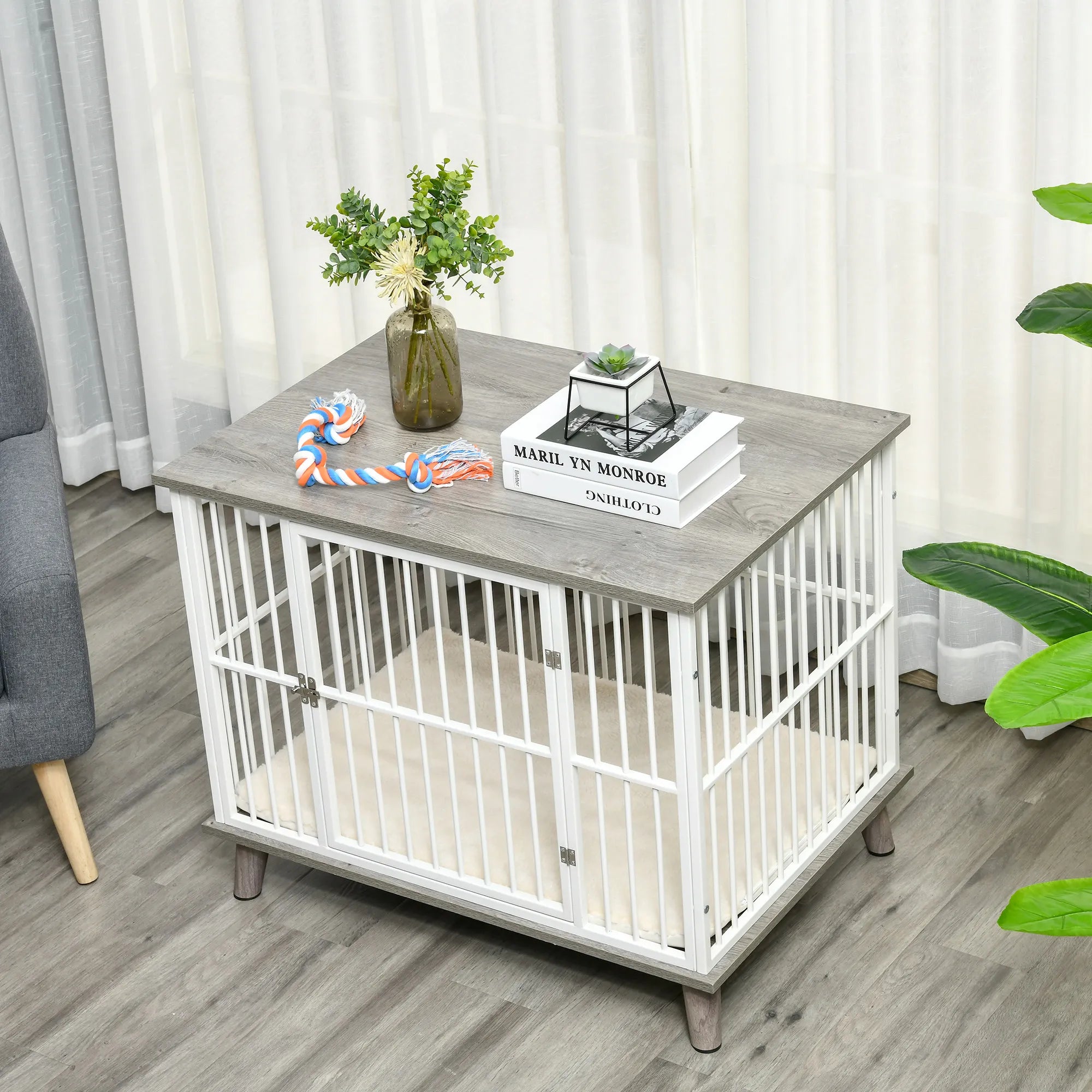 Koka suņu būris, suņu transportēšanas kaste ar spilvenu, 86 cm x 60 cm x 70 cm, skaidu plāksne, tērauds, balta + pelēka