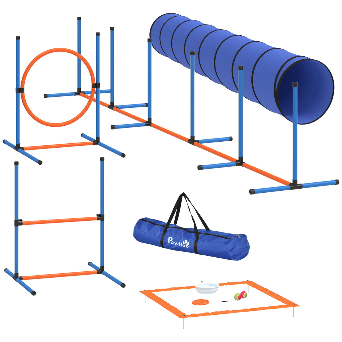 Agility rinkinys šunims, 8 dalių, su tuneliu, slalomo stulpais, reguliuojamais barjerais ir šuolių lanku, oranžinis