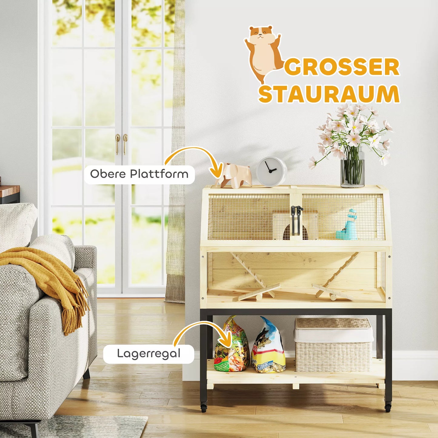 Koka būris pundurkāmjiem ar uzglabāšanas nodalījumu, riteņiem, rampām, ūdens pudeli, mājiņu, šūpolēm, 87 x 43 x 101 cm