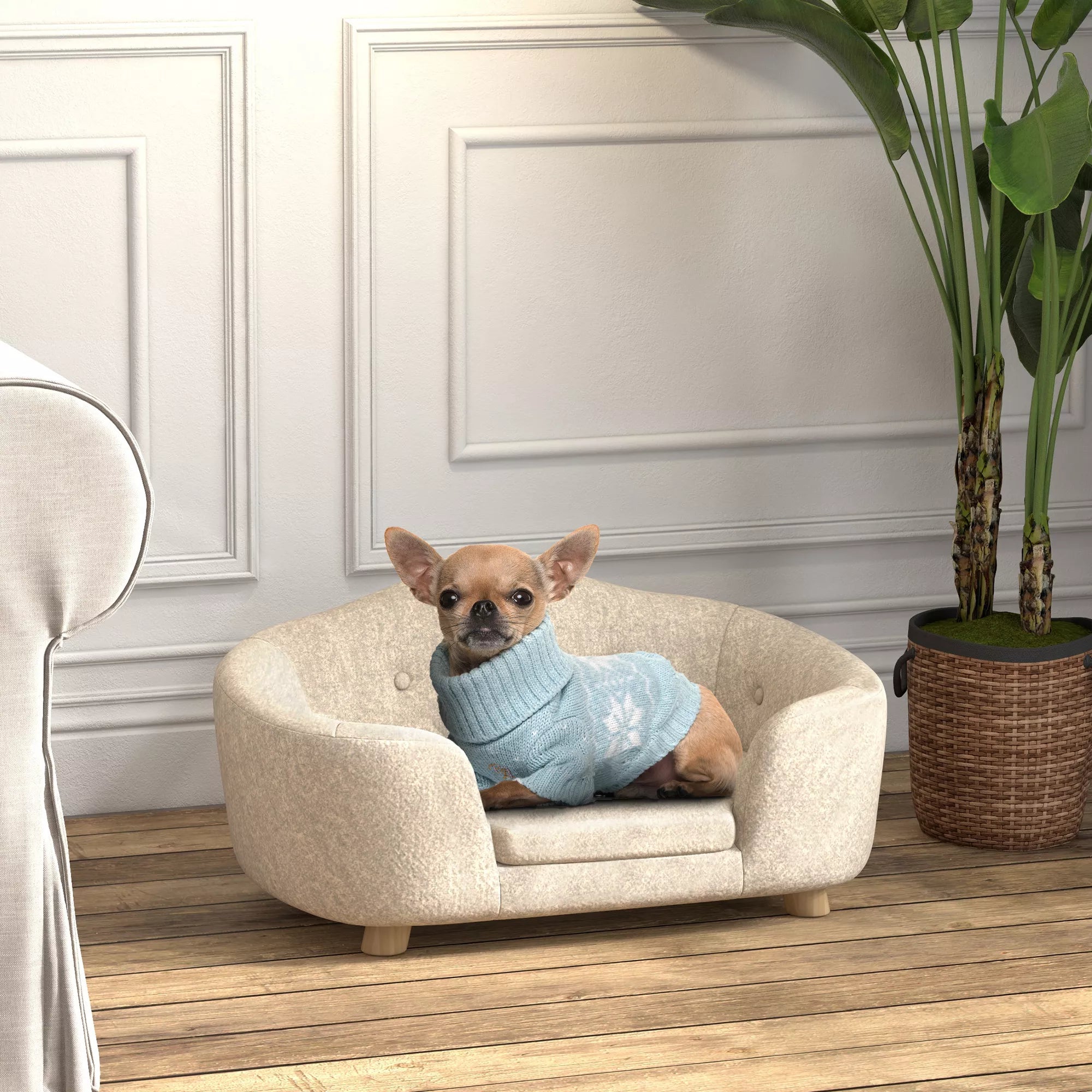 Sofa naminiams gyvūnėliams, šunų kilimėlis, šunų lova, šunų sofa, šunų kušetė, katės sofa su pagalvėle, kišenė gale, pliušas, putos, pušies mediena, kreminė balta, 70 x 47 x 30 cm